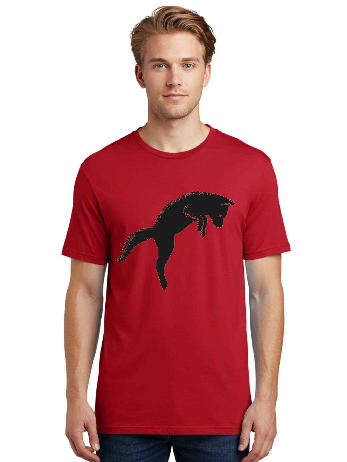 Black-Fox-Silhouette Men'S Graphic Tee, 100% Cotton, Comfortable Casual Summer Wear, Machine Washable, Squirrel Silhouette, Animal Graphic, Wildlife Illustration, Forest Creature, Cute Animal, Jumping Squirrel, Nut Love, Tree Dweller, Aac190 25