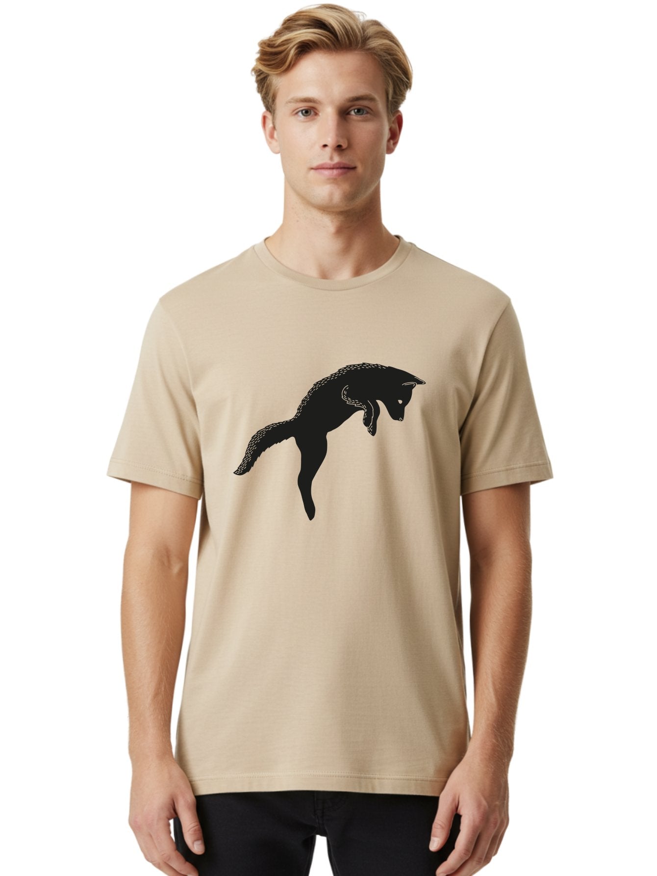 Black-Fox-Silhouette Men'S Graphic Tee, 100% Cotton, Comfortable Casual Summer Wear, Machine Washable, Squirrel Silhouette, Animal Graphic, Wildlife Illustration, Forest Creature, Cute Animal, Jumping Squirrel, Nut Love, Tree Dweller, Aac190 16