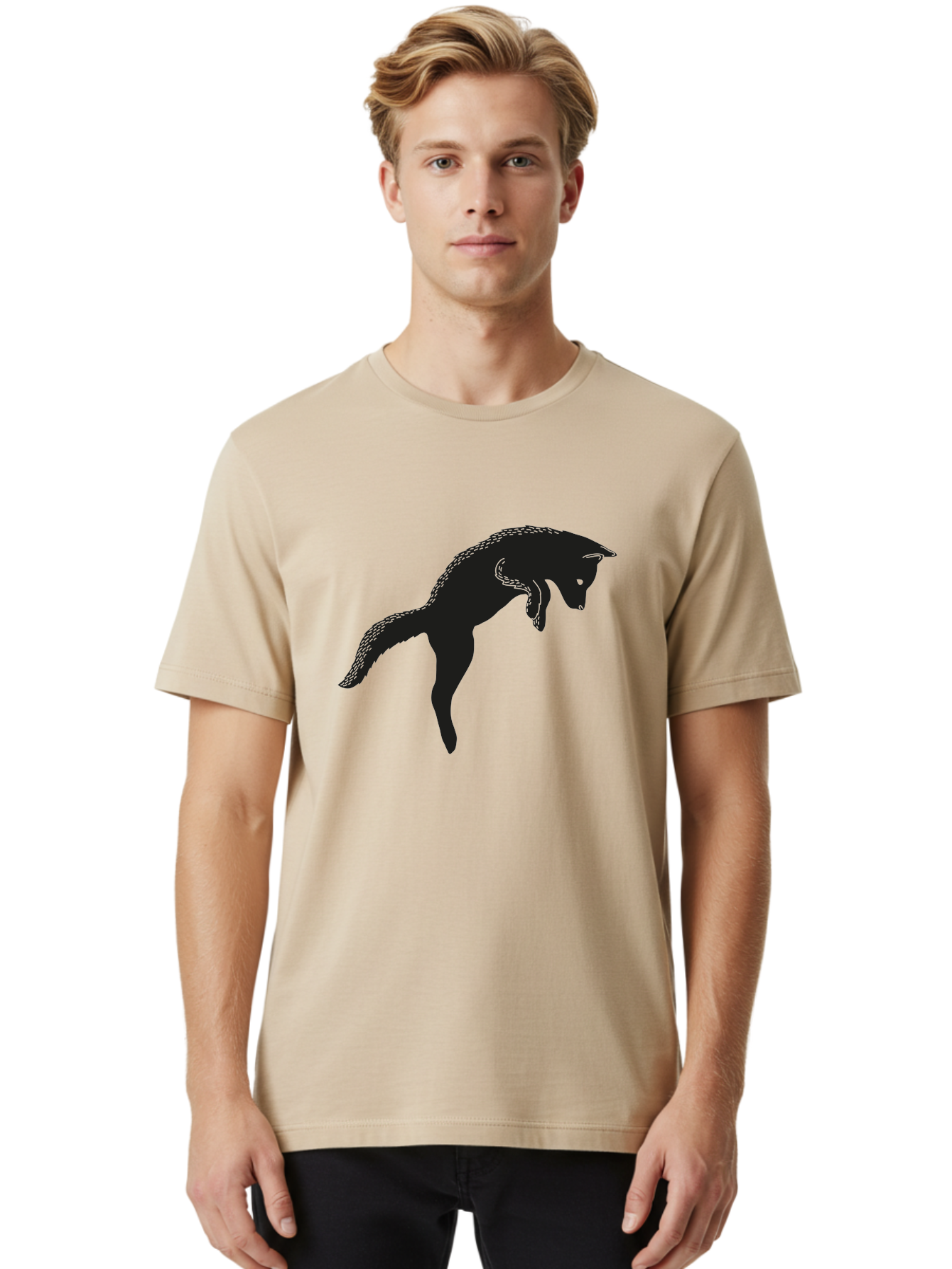 Black-Fox-Silhouette Men'S Graphic Tee, 100% Cotton, Comfortable Casual Summer Wear, Machine Washable, Squirrel Silhouette, Animal Graphic, Wildlife Illustration, Forest Creature, Cute Animal, Jumping Squirrel, Nut Love, Tree Dweller, Aac190 26