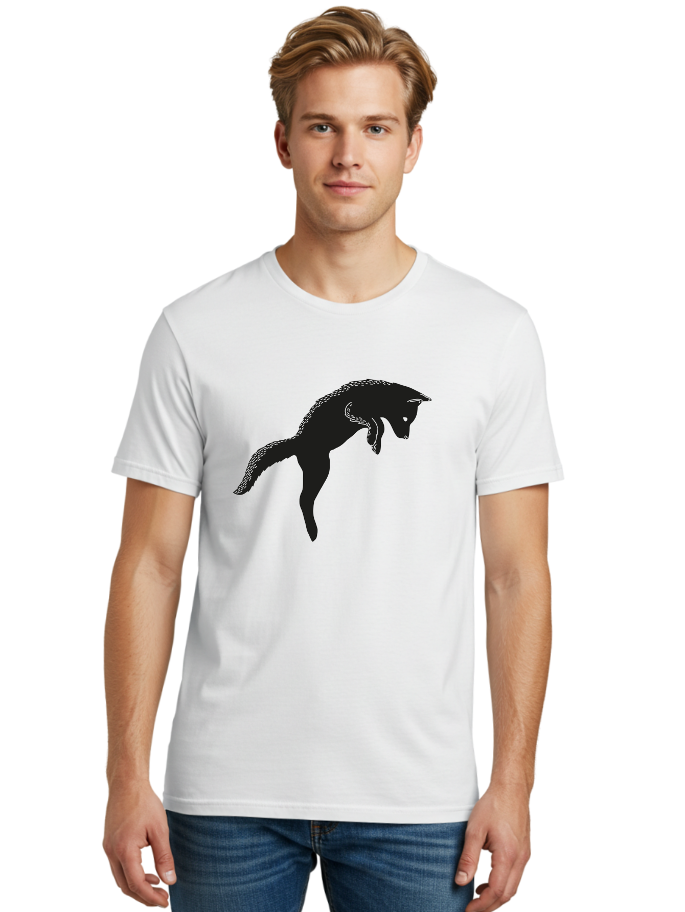 Black-Fox-Silhouette Men'S Graphic Tee, 100% Cotton, Comfortable Casual Summer Wear, Machine Washable, Squirrel Silhouette, Animal Graphic, Wildlife Illustration, Forest Creature, Cute Animal, Jumping Squirrel, Nut Love, Tree Dweller, Aac190 20