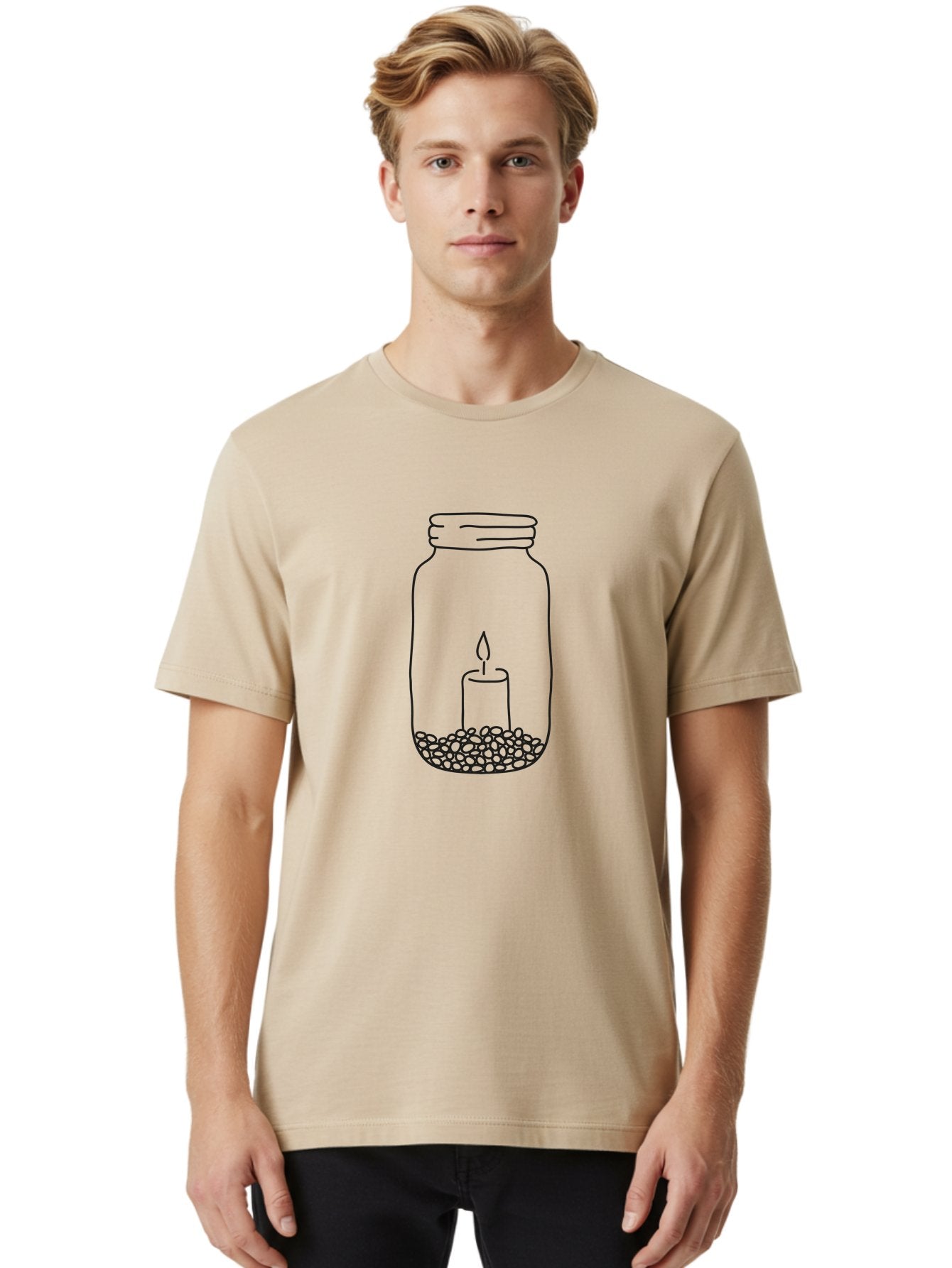 Candle-In-Jar-1 Men'S Graphic Tee, 100% Cotton, Comfortable Casual Summer Wear, Machine Washable, Candle In A Jar, Lit Candle, Pebbles, Simple Line Art, Minimalist Design, Meditation Symbol, Peaceful Ambiance, Zen Decor Aac197 16
