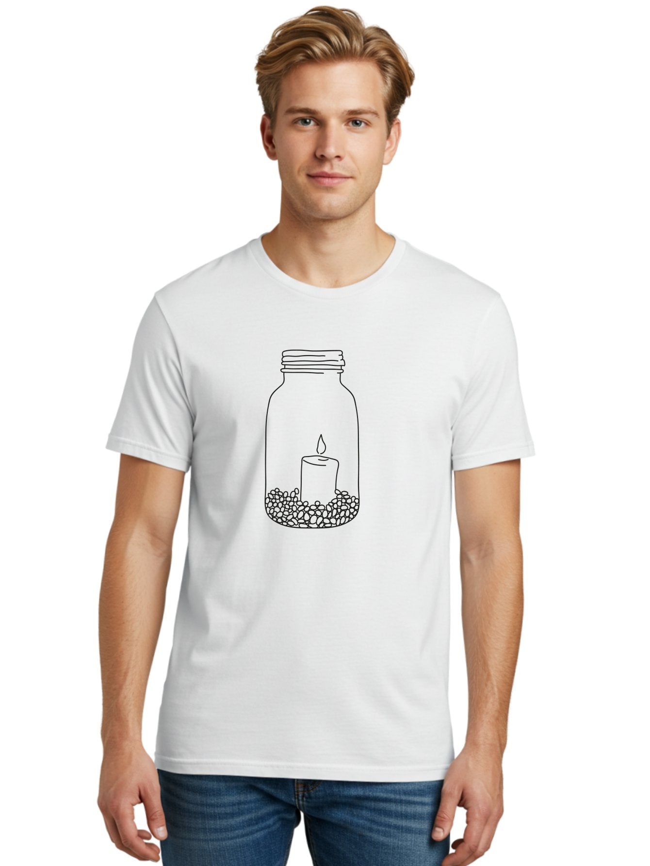 Candle-In-Mason-Jar Men'S Graphic Tee, 100% Cotton, Comfortable Casual Summer Wear, Machine Washable, Candle In A Jar, Lit Candle, Decorative Jar, Zen Decor, Peaceful Ambiance, Ambient Lighting, Minimalist Design, Meditation Space, Aac199 24