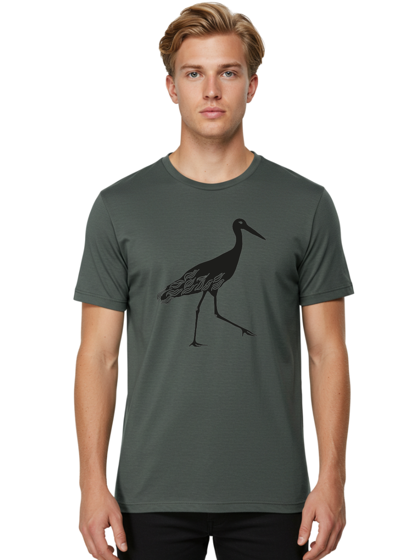 Crane Men'S Graphic Tee, 100% Cotton, Comfortable Casual Summer Wear, Machine Washable, Crane Bird, Bird Silhouette, Wild Crane, Long Neck, Wavy Lines, Abstract Bird, Minimalist Design, Simple Art, Bird Illustration Aac203