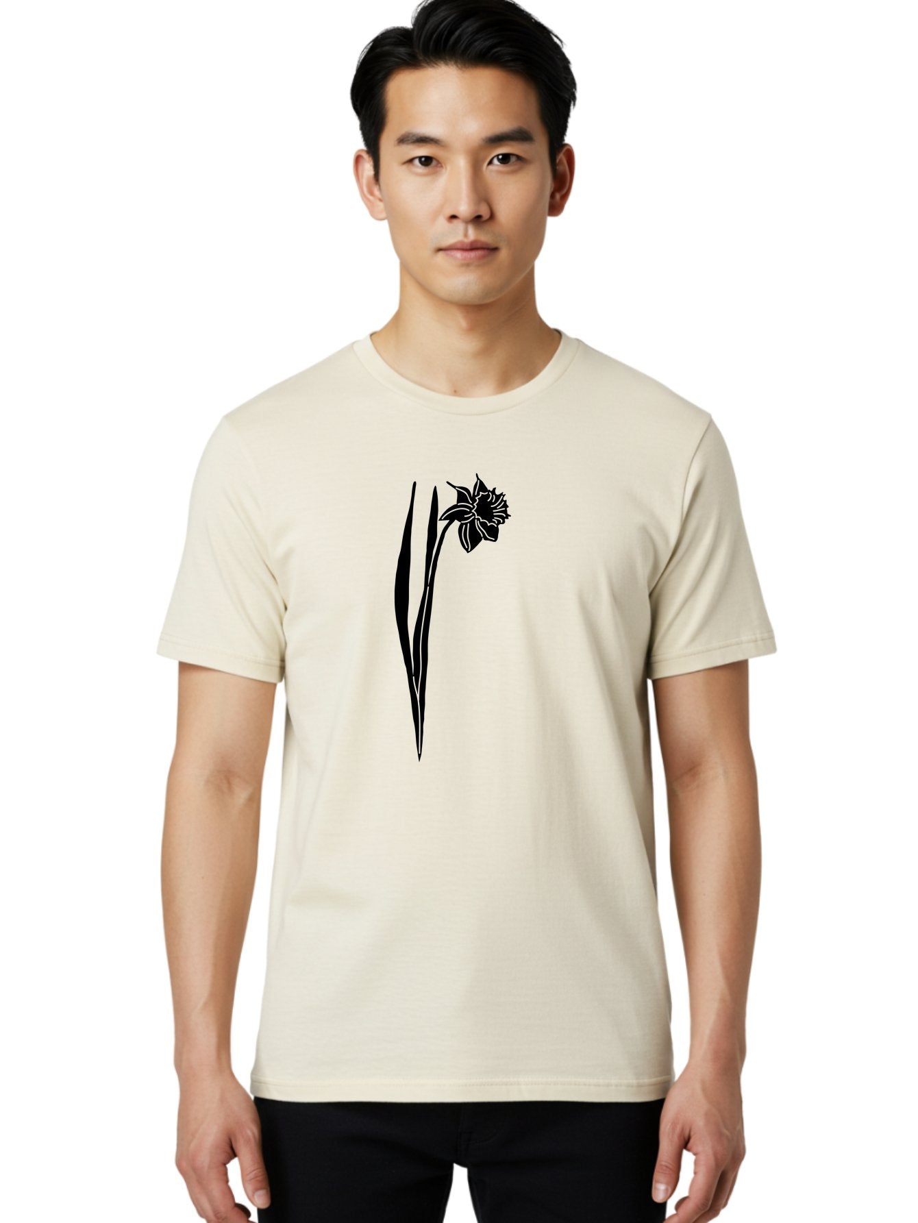 Daffodil Men'S Graphic Tee, 100% Cotton, Comfortable Casual Summer Wear, Machine Washable, Black Daffodil, Simple Silhouette, Minimalist Design, Flower Graphic, Spring Symbol, Botanical Illustration, Elegant Lines, Floral Motif Aac204 23
