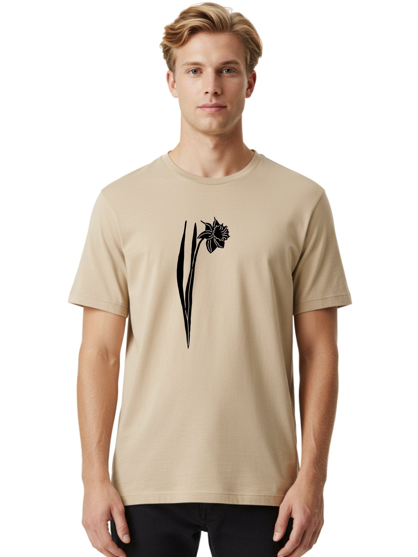Daffodil Men'S Graphic Tee, 100% Cotton, Comfortable Casual Summer Wear, Machine Washable, Black Daffodil, Simple Silhouette, Minimalist Design, Flower Graphic, Spring Symbol, Botanical Illustration, Elegant Lines, Floral Motif Aac204 30
