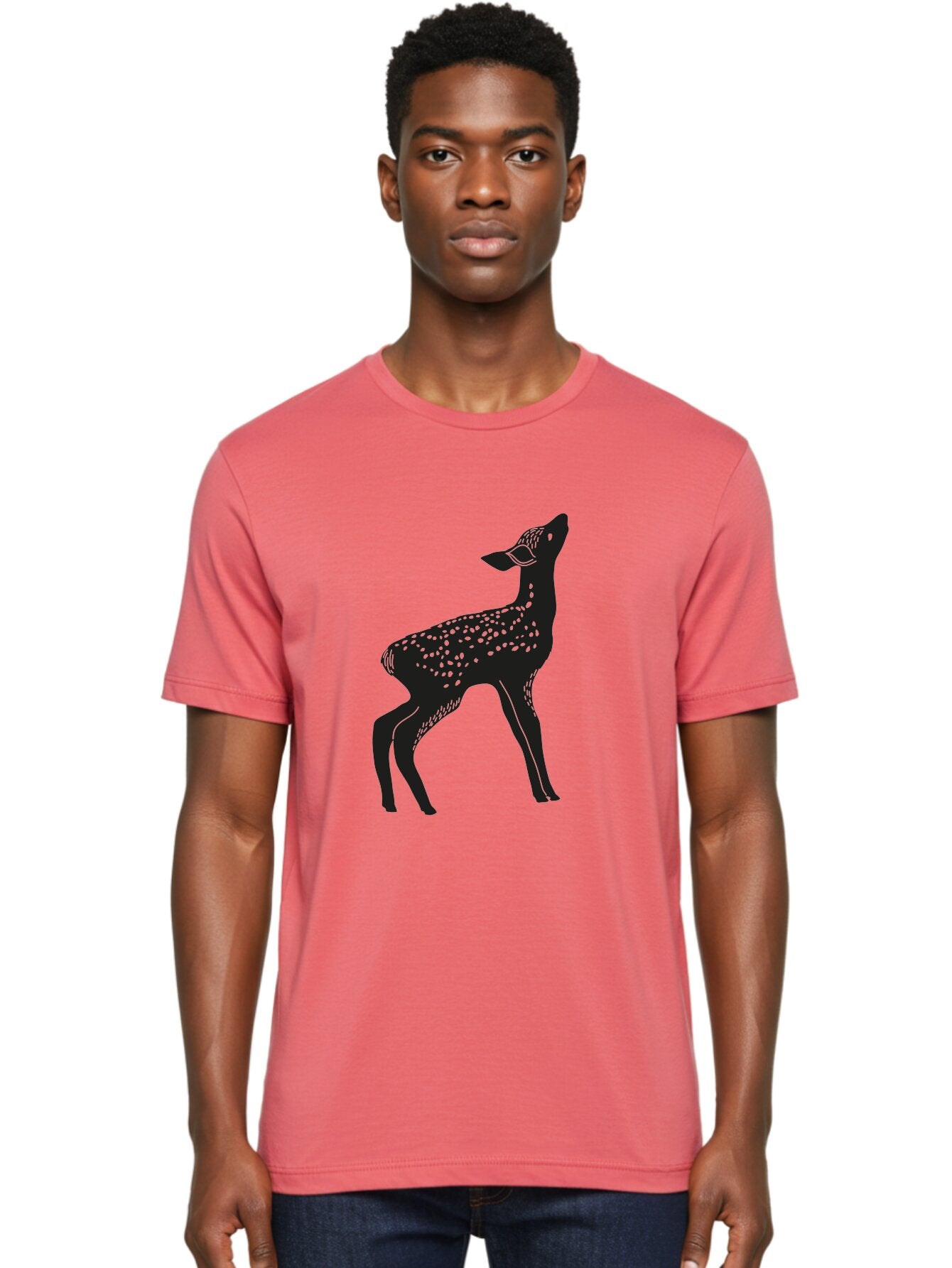 Deer-Silhouette Men'S Graphic Tee, 100% Cotton, Comfortable Casual Summer Wear, Machine Washable, Deer Silhouette, Spotted Deer, Wildlife Graphic, Minimalist Design, Simple Art, Wild Animal Illustration, Spotted Fur, Black Silhouette Aac209 18