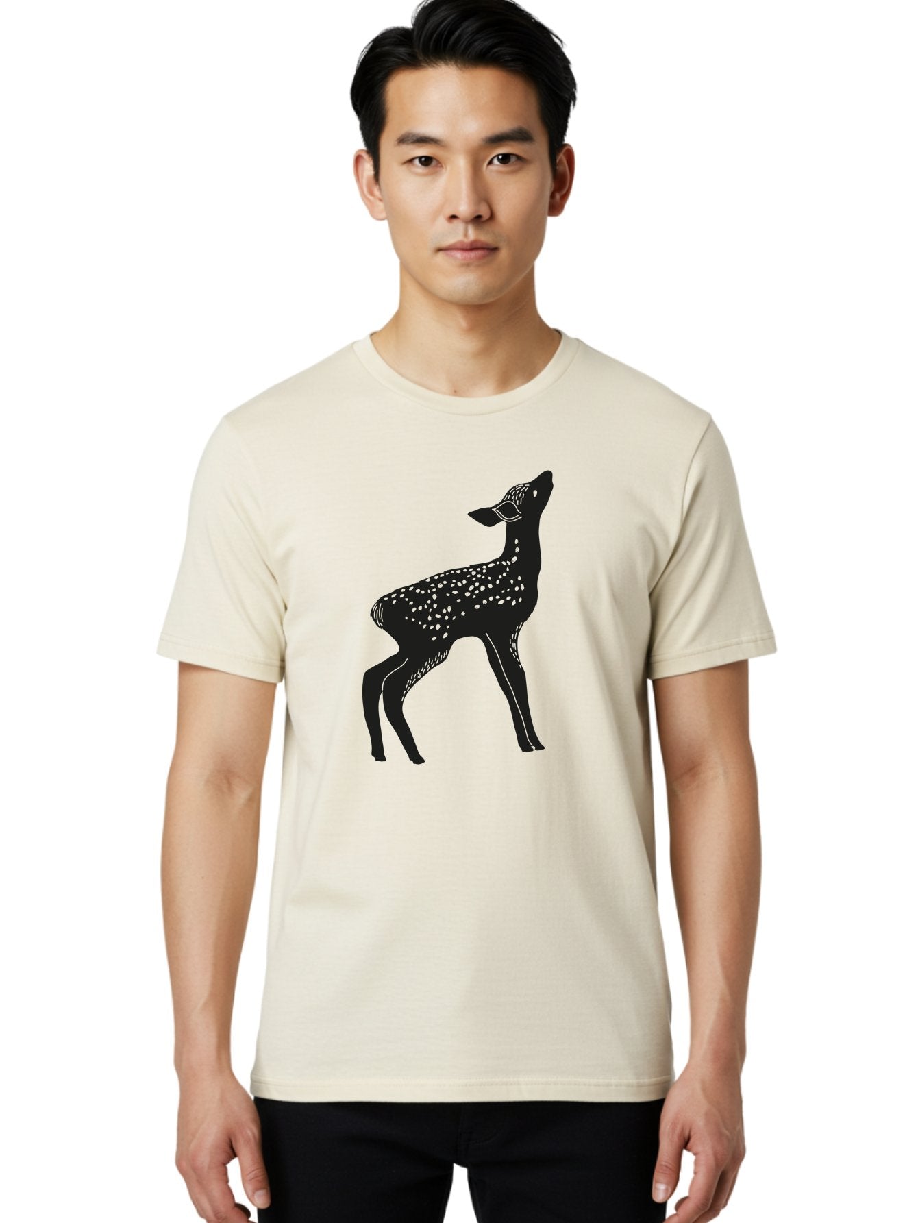 Deer-Silhouette Men'S Graphic Tee, 100% Cotton, Comfortable Casual Summer Wear, Machine Washable, Deer Silhouette, Spotted Deer, Wildlife Graphic, Minimalist Design, Simple Art, Wild Animal Illustration, Spotted Fur, Black Silhouette Aac209 24