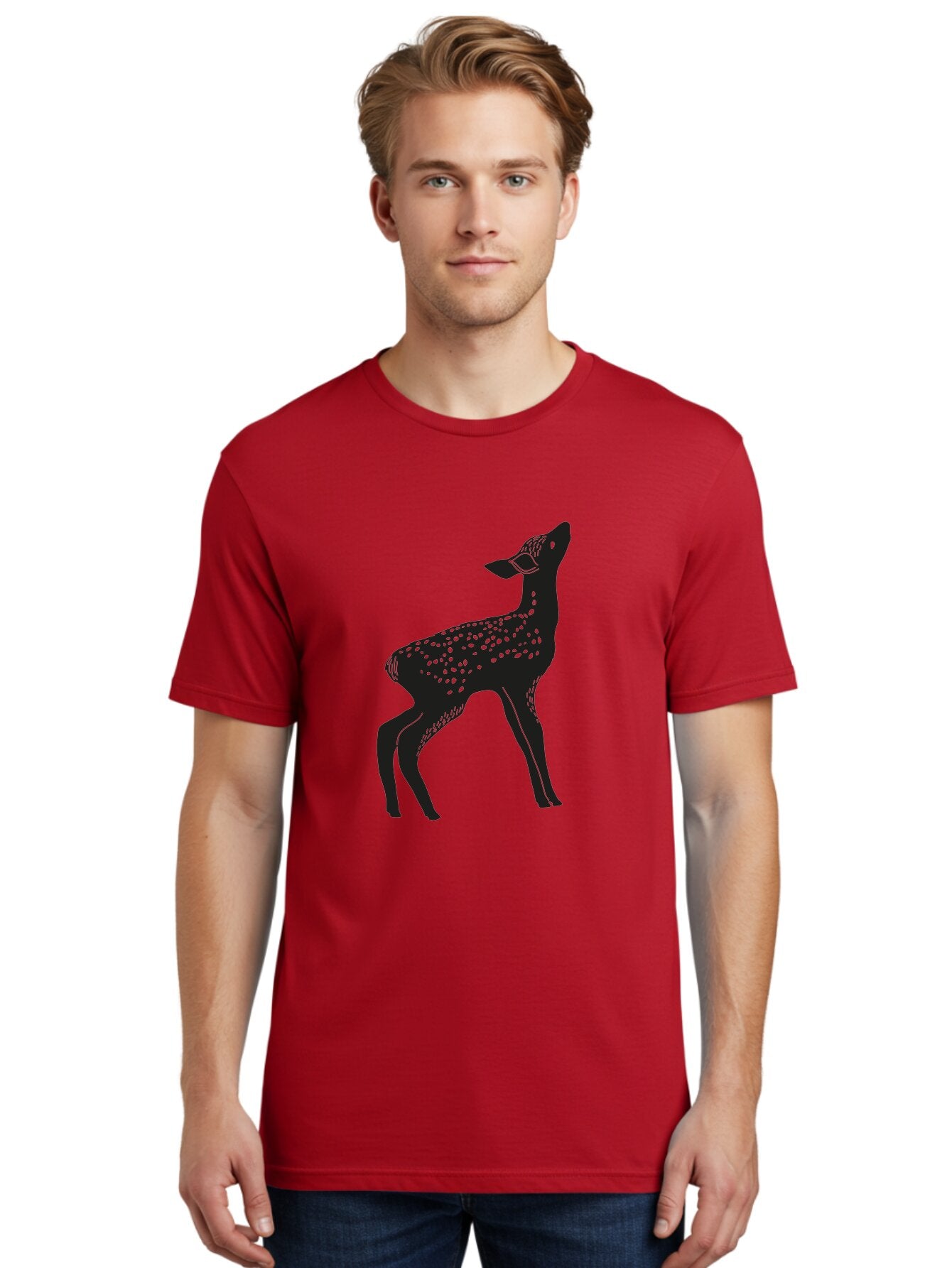 Deer-Silhouette Men'S Graphic Tee, 100% Cotton, Comfortable Casual Summer Wear, Machine Washable, Deer Silhouette, Spotted Deer, Wildlife Graphic, Minimalist Design, Simple Art, Wild Animal Illustration, Spotted Fur, Black Silhouette Aac209 28