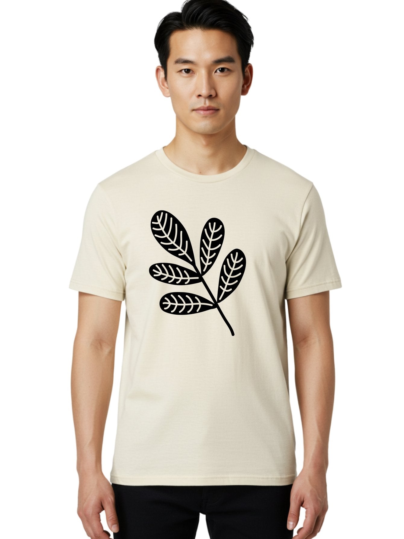 Five-Leaves Men'S Graphic Tee, 100% Cotton, Comfortable Casual Summer Wear, Machine Washable, Black Leaves, Leafy Branch, Foliage Illustration, Nature Graphics, Simple Leaf Design, Minimalist Botanical Art, Leaf Silhouette Aac210 21