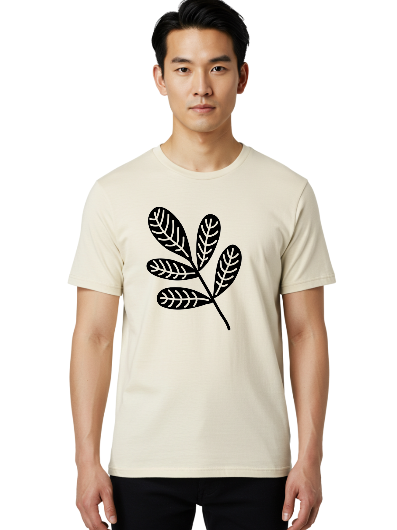 Five-Leaves Men'S Graphic Tee, 100% Cotton, Comfortable Casual Summer Wear, Machine Washable, Black Leaves, Leafy Branch, Foliage Illustration, Nature Graphics, Simple Leaf Design, Minimalist Botanical Art, Leaf Silhouette Aac210 20