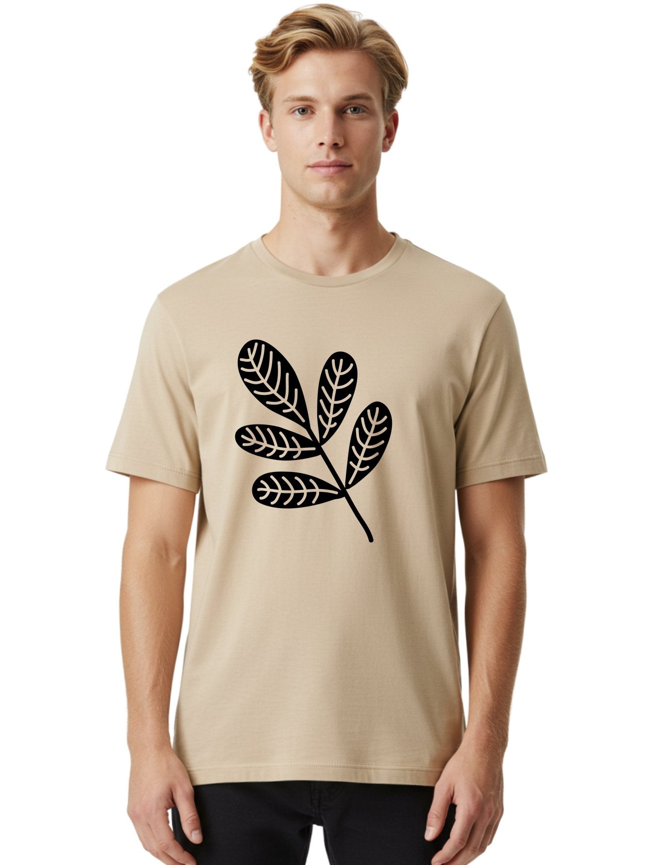 Five-Leaves Men'S Graphic Tee, 100% Cotton, Comfortable Casual Summer Wear, Machine Washable, Black Leaves, Leafy Branch, Foliage Illustration, Nature Graphics, Simple Leaf Design, Minimalist Botanical Art, Leaf Silhouette Aac210 30