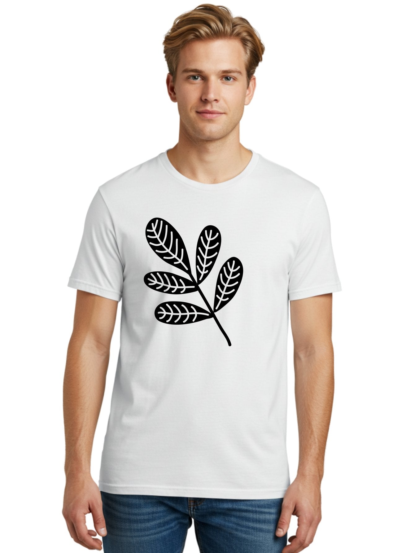 Five-Leaves Men'S Graphic Tee, 100% Cotton, Comfortable Casual Summer Wear, Machine Washable, Black Leaves, Leafy Branch, Foliage Illustration, Nature Graphics, Simple Leaf Design, Minimalist Botanical Art, Leaf Silhouette Aac210 26