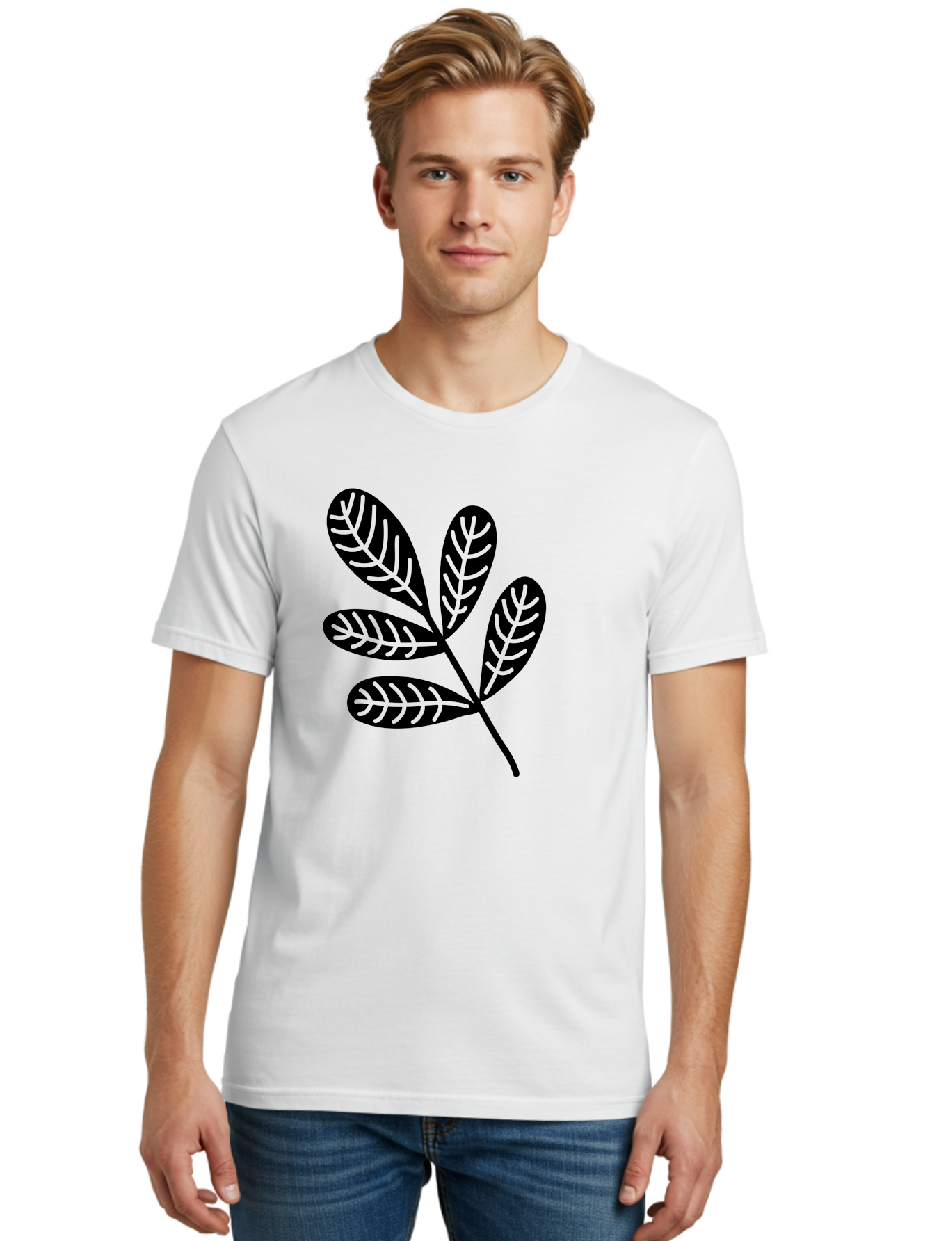Five-Leaves Men'S Graphic Tee, 100% Cotton, Comfortable Casual Summer Wear, Machine Washable, Black Leaves, Leafy Branch, Foliage Illustration, Nature Graphics, Simple Leaf Design, Minimalist Botanical Art, Leaf Silhouette Aac210 10
