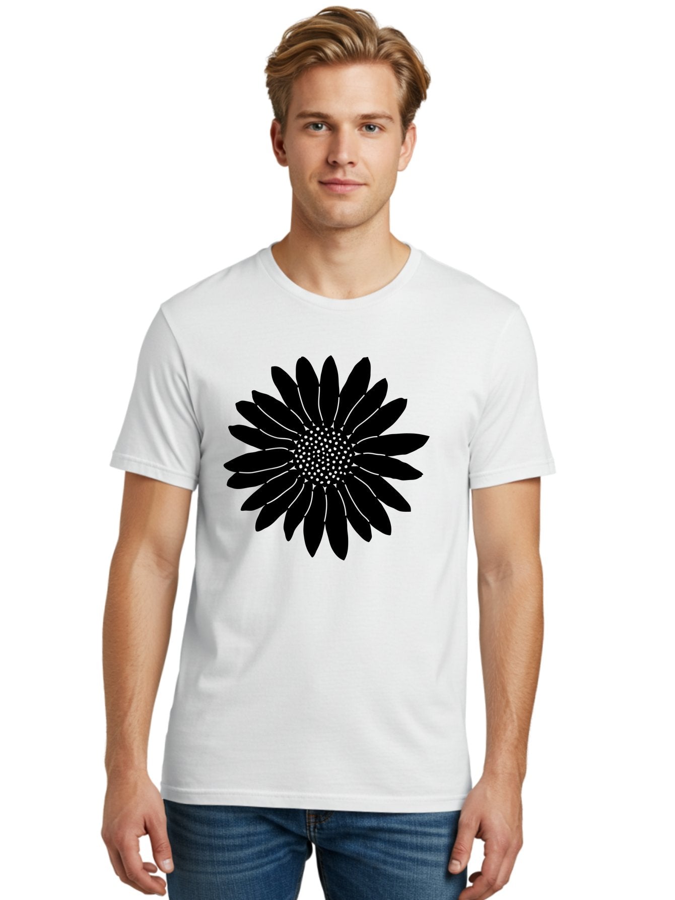 Flower Men'S Graphic Tee, 100% Cotton, Comfortable Casual Summer Wear, Machine Washable, Gerbera Daisy, Flower Silhouette, Floral Design, Black And Green, Minimalist Art, Modern Illustration, Stylized Bloom, Graphic Design Element, Aac213 23