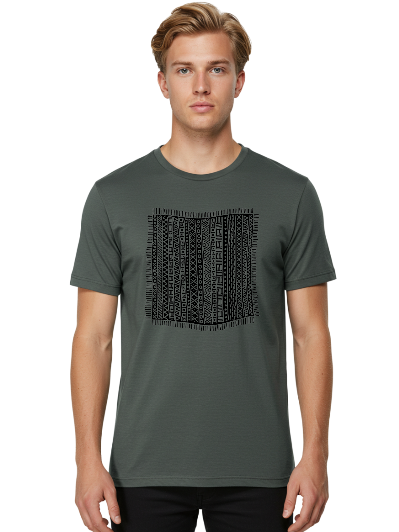 Geometric-Pattern Men'S Graphic Tee, 100% Cotton, Comfortable Casual Summer Wear, Machine Washable, Geometric Shapes, Tribal Patterns, Abstract Design, Ethnic Motifs, Traditional Textiles, Cultural Heritage, Symbolic Elements Aac214 30
