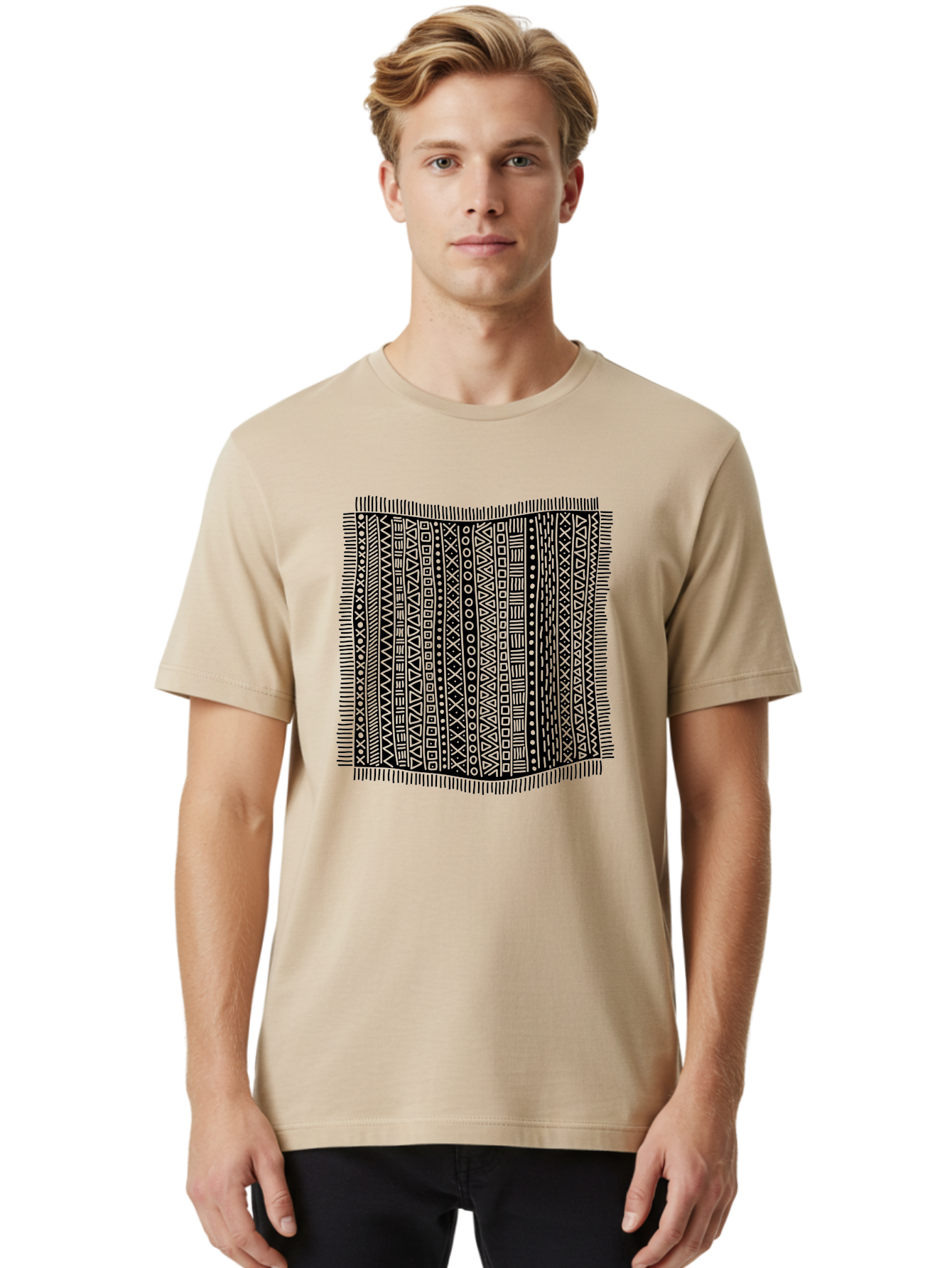 Geometric-Pattern Men'S Graphic Tee, 100% Cotton, Comfortable Casual Summer Wear, Machine Washable, Geometric Shapes, Tribal Patterns, Abstract Design, Ethnic Motifs, Traditional Textiles, Cultural Heritage, Symbolic Elements Aac214 10