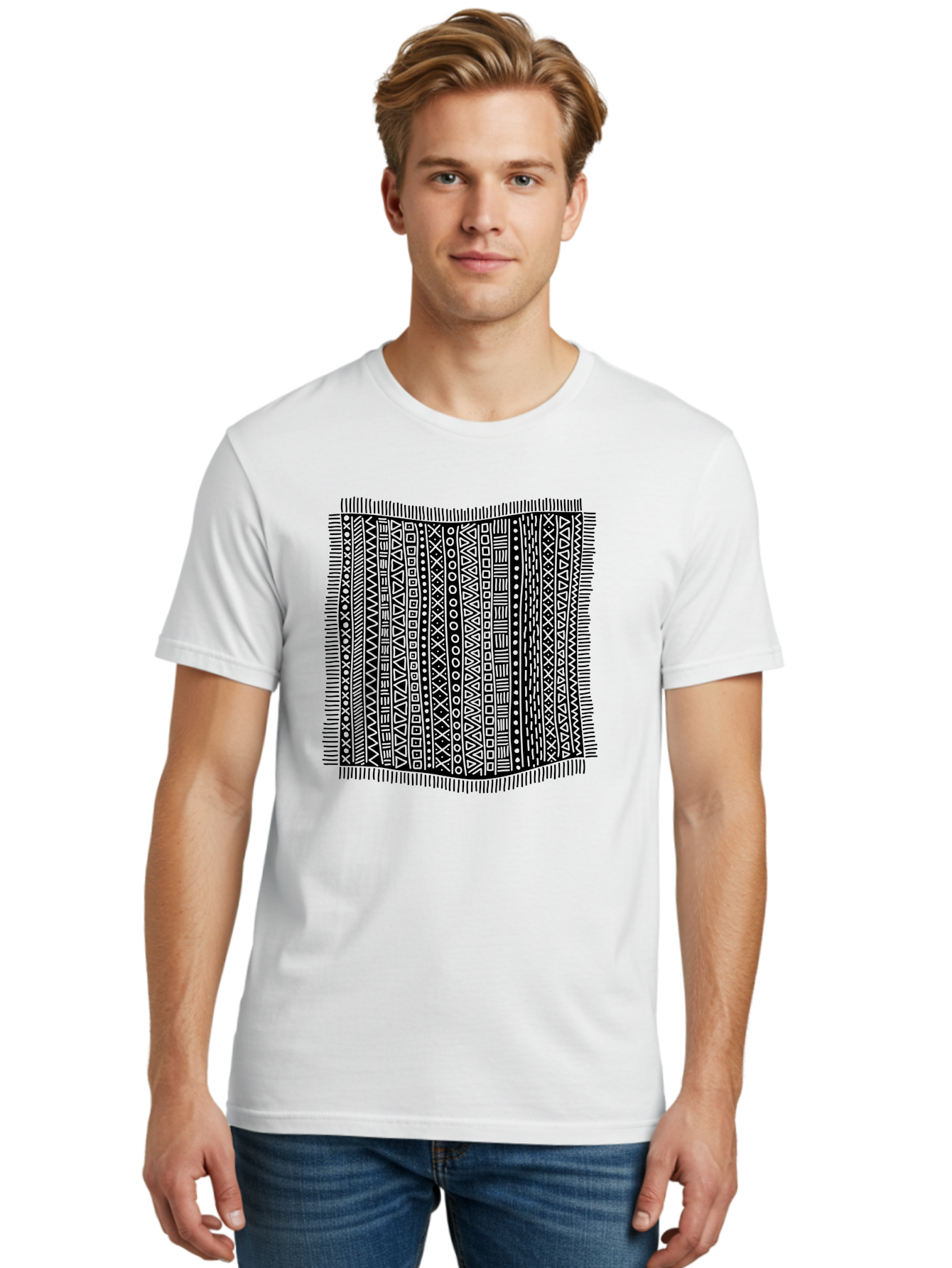 Geometric-Pattern Men'S Graphic Tee, 100% Cotton, Comfortable Casual Summer Wear, Machine Washable, Geometric Shapes, Tribal Patterns, Abstract Design, Ethnic Motifs, Traditional Textiles, Cultural Heritage, Symbolic Elements Aac214 18