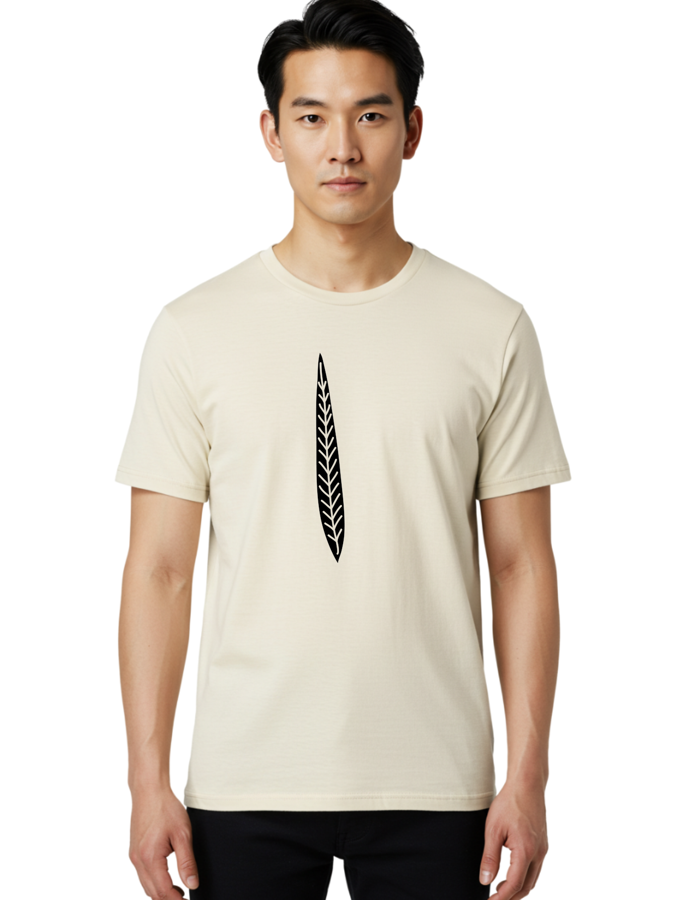 Leaf-Design Men'S Graphic Tee, 100% Cotton, Comfortable Casual Summer Wear, Machine Washable, Black Feather Silhouette, Symmetrical Design, Minimalist Art, Simple Shapes, Graphic Design Element, Vector Icon, Sharp Pointed Ends Aac218 8