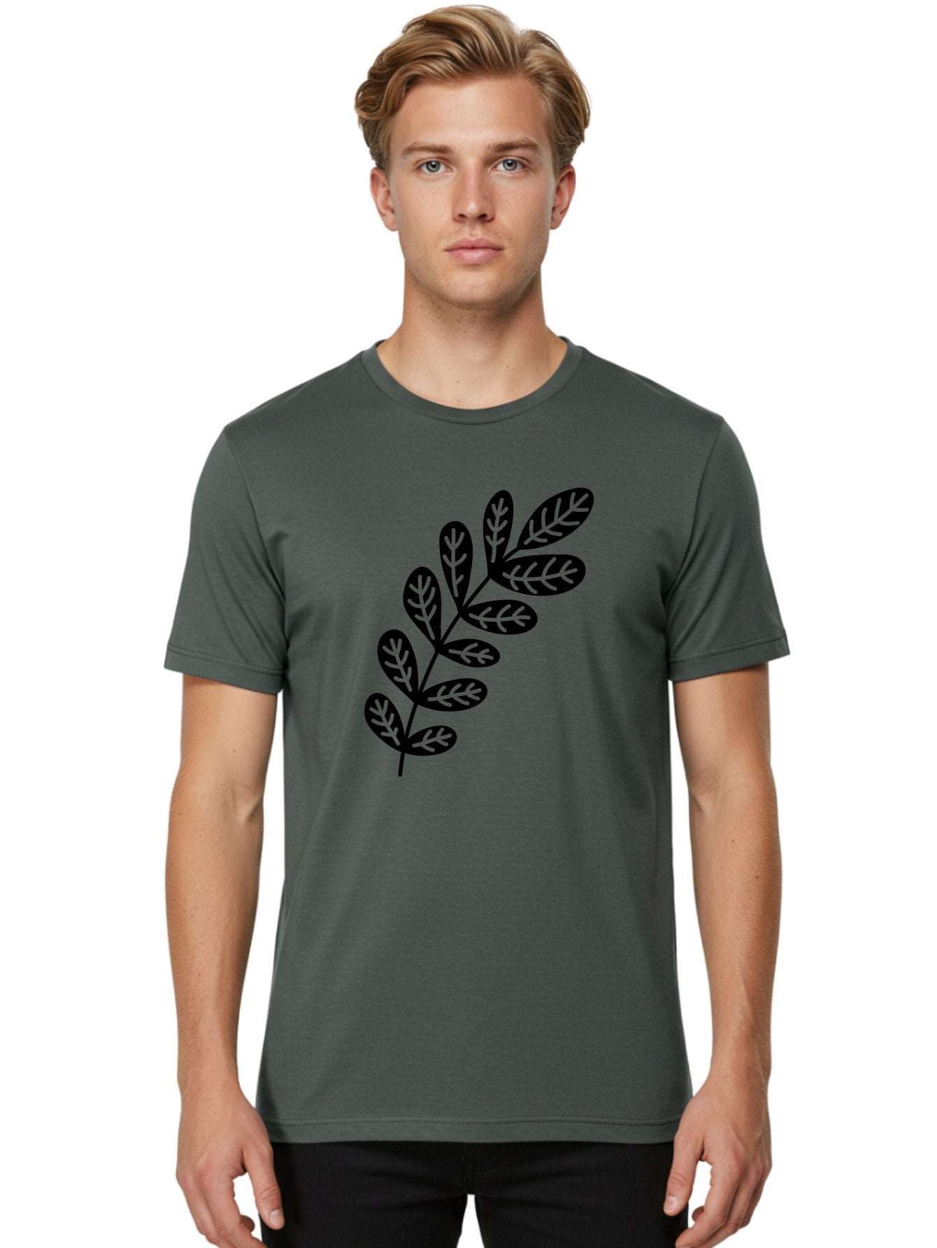 Leafy-Branch-1 Men'S Graphic Tee, 100% Cotton, Comfortable Casual Summer Wear, Machine Washable, Stylized Branch, Leaf Pattern, Modern Design, Abstract Art, Foliage Illustration, Minimalist Decor, Black Silhouettes, Leafy Theme Aac221 25