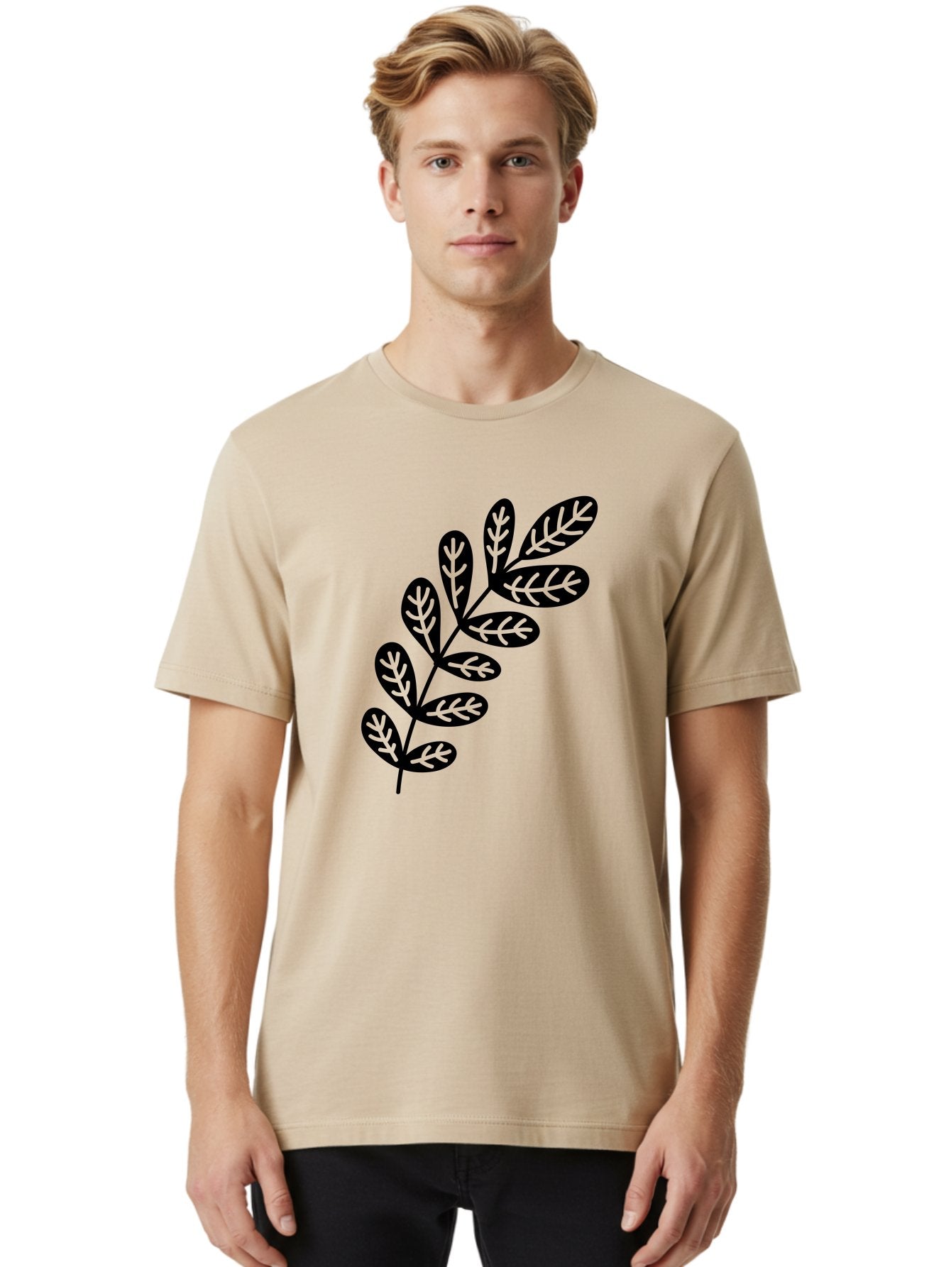 Leafy-Branch-1 Men'S Graphic Tee, 100% Cotton, Comfortable Casual Summer Wear, Machine Washable, Stylized Branch, Leaf Pattern, Modern Design, Abstract Art, Foliage Illustration, Minimalist Decor, Black Silhouettes, Leafy Theme Aac221 24