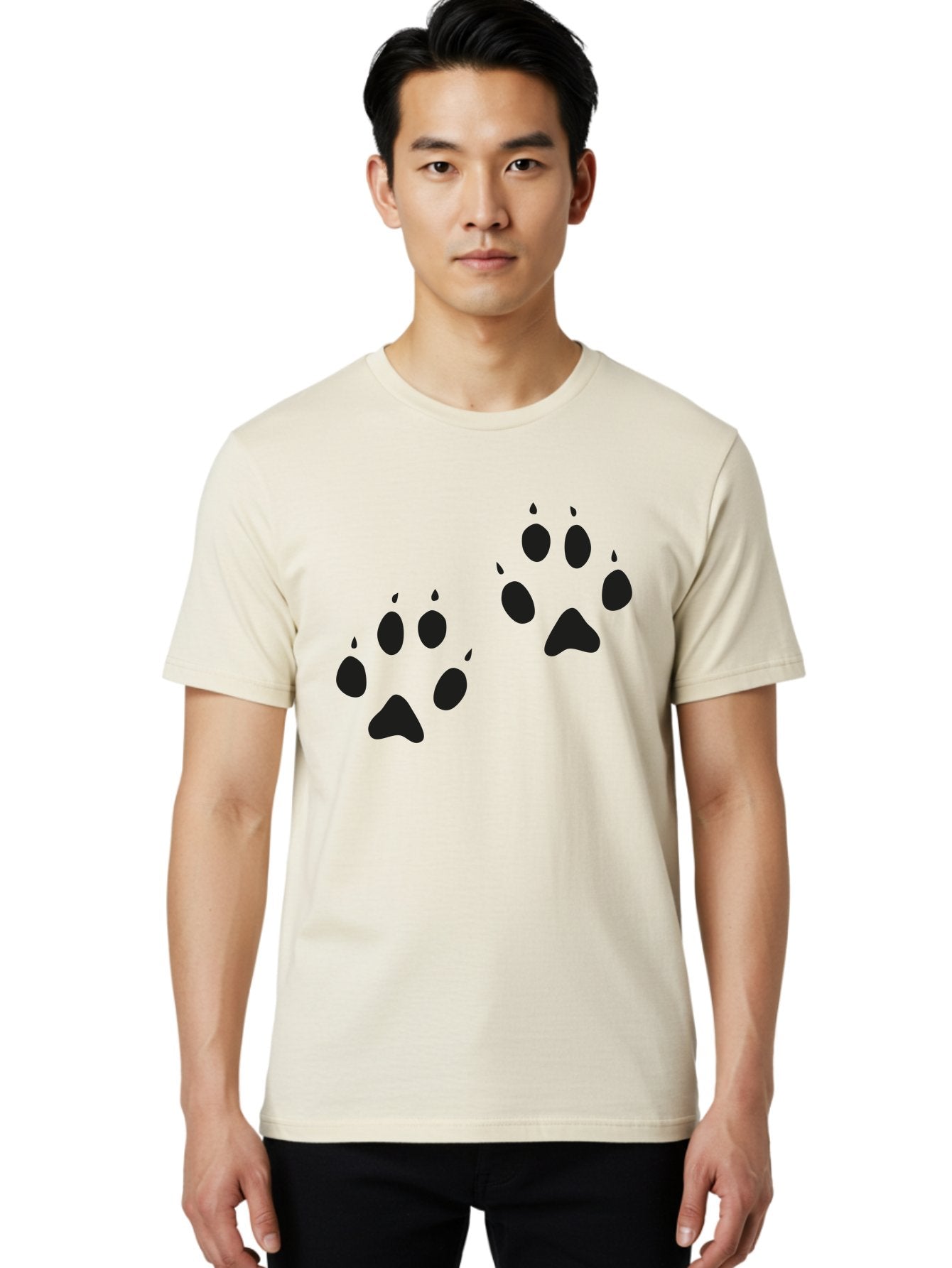 Paw-Prints Men'S Graphic Tee, 100% Cotton, Comfortable Casual Summer Wear, Machine Washable, Cat Paw Prints, Animal Tracks, Paw Print Design, Black Silhouettes, Simple Graphics, Vector Graphics, Pet Theme, Feline Footprints Aac225 20
