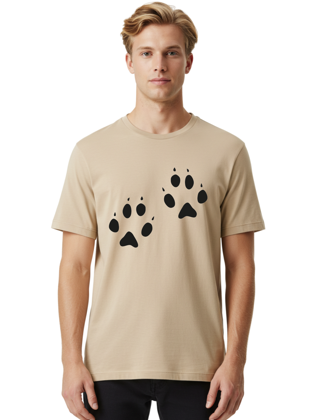 Paw-Prints Men'S Graphic Tee, 100% Cotton, Comfortable Casual Summer Wear, Machine Washable, Cat Paw Prints, Animal Tracks, Paw Print Design, Black Silhouettes, Simple Graphics, Vector Graphics, Pet Theme, Feline Footprints Aac225