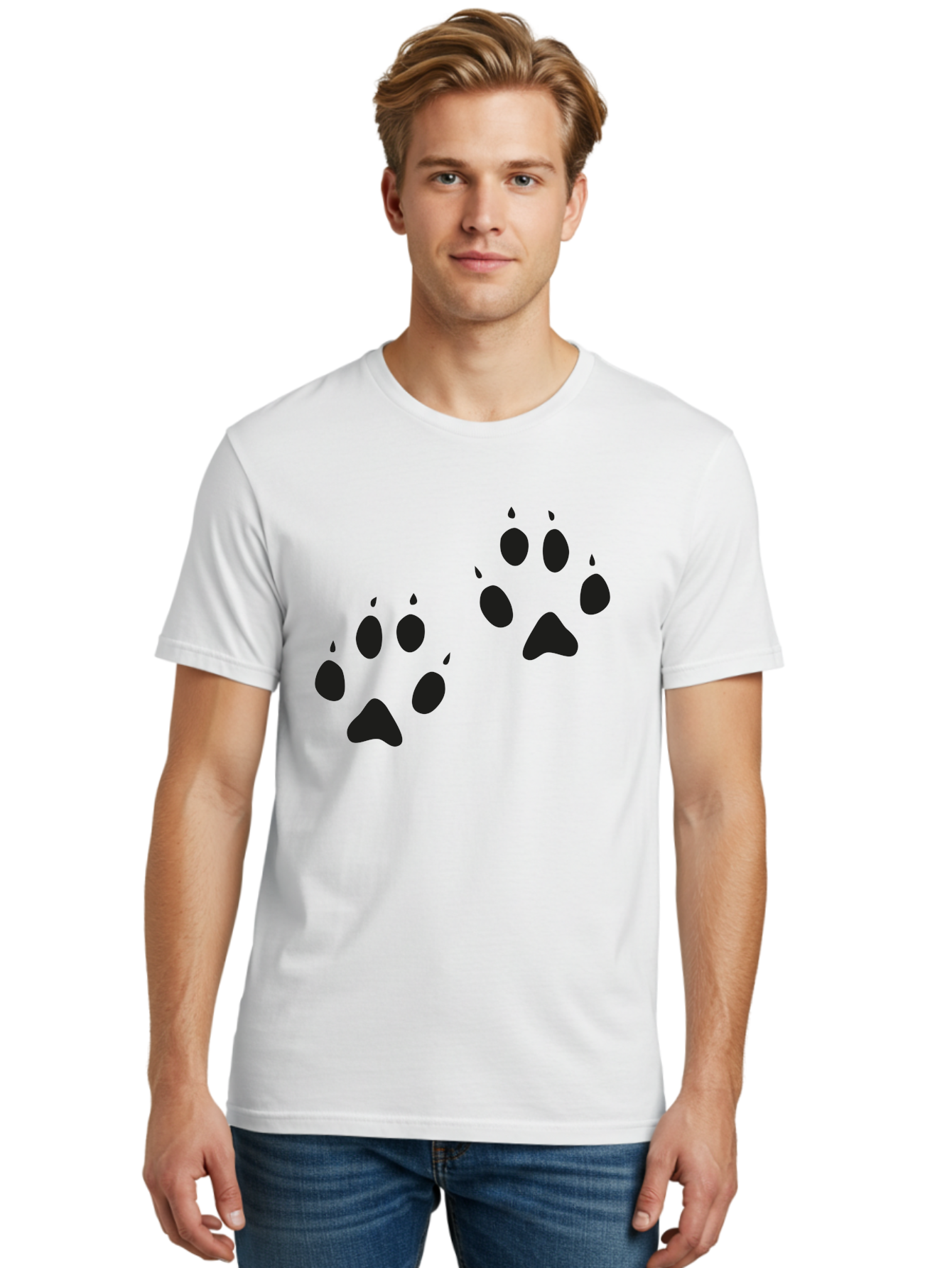 Paw-Prints Men'S Graphic Tee, 100% Cotton, Comfortable Casual Summer Wear, Machine Washable, Cat Paw Prints, Animal Tracks, Paw Print Design, Black Silhouettes, Simple Graphics, Vector Graphics, Pet Theme, Feline Footprints Aac225 18