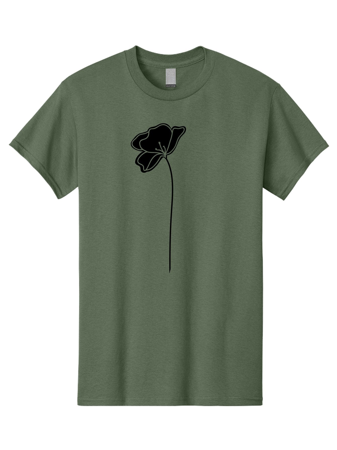 Poppy Men'S Graphic Tee, 100% Cotton, Comfortable Casual Summer Wear, Machine Washable, Silhouette Of A Flower, Simple Design, Minimalist Art, Outline Of A Bloom, Delicate Stem, Black And Green Color Scheme, Elegant Graphics Aac229 8