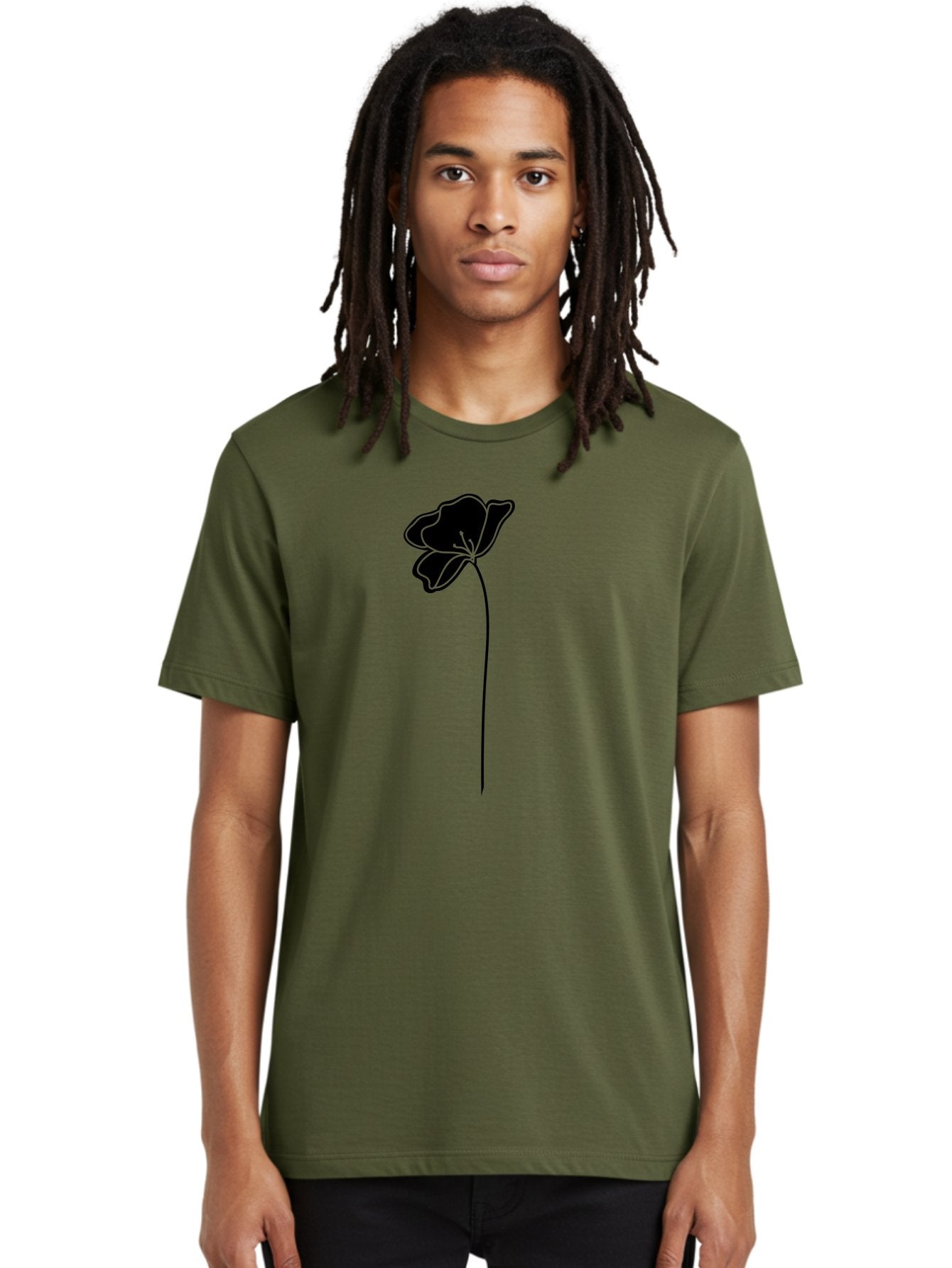 Poppy Men'S Graphic Tee, 100% Cotton, Comfortable Casual Summer Wear, Machine Washable, Silhouette Of A Flower, Simple Design, Minimalist Art, Outline Of A Bloom, Delicate Stem, Black And Green Color Scheme, Elegant Graphics Aac229 25