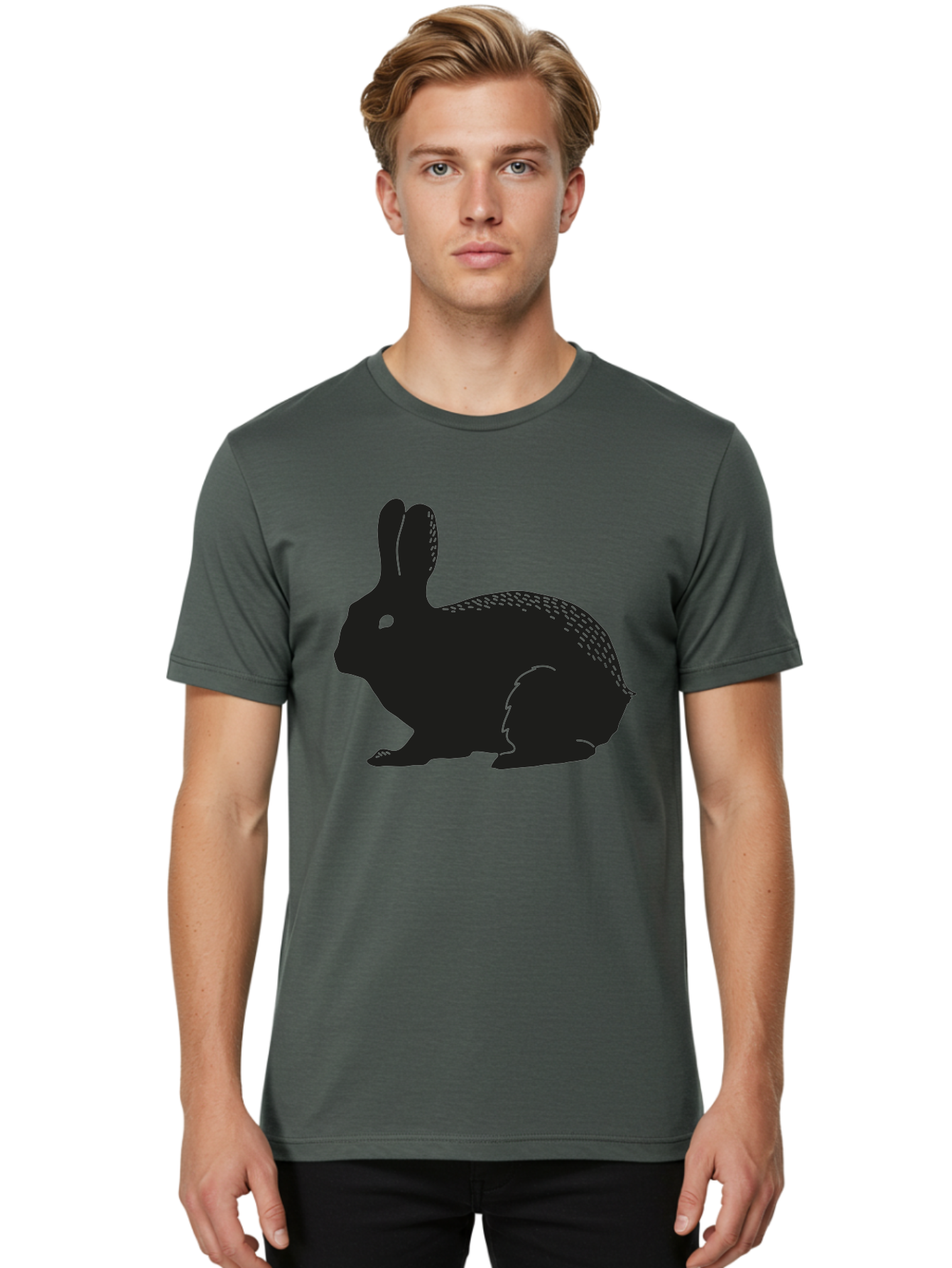 Rabbit-Silhouette Men'S Graphic Tee, 100% Cotton, Comfortable Casual Summer Wear, Machine Washable, Black Rabbit Silhouette, Rabbit Illustration, Cute Bunny, Animal Silhouette, Wildlife Art, Nature Design, Simple Graphics Aac230 4