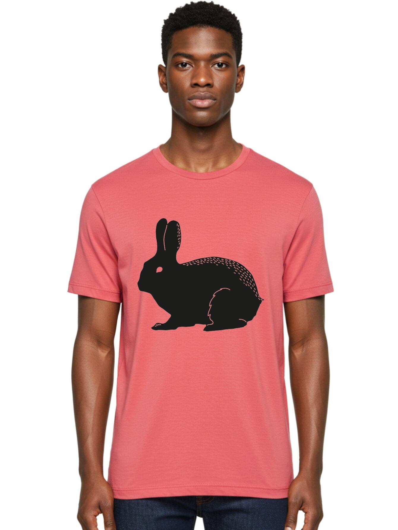 Rabbit-Silhouette Men'S Graphic Tee, 100% Cotton, Comfortable Casual Summer Wear, Machine Washable, Black Rabbit Silhouette, Rabbit Illustration, Cute Bunny, Animal Silhouette, Wildlife Art, Nature Design, Simple Graphics Aac230 22