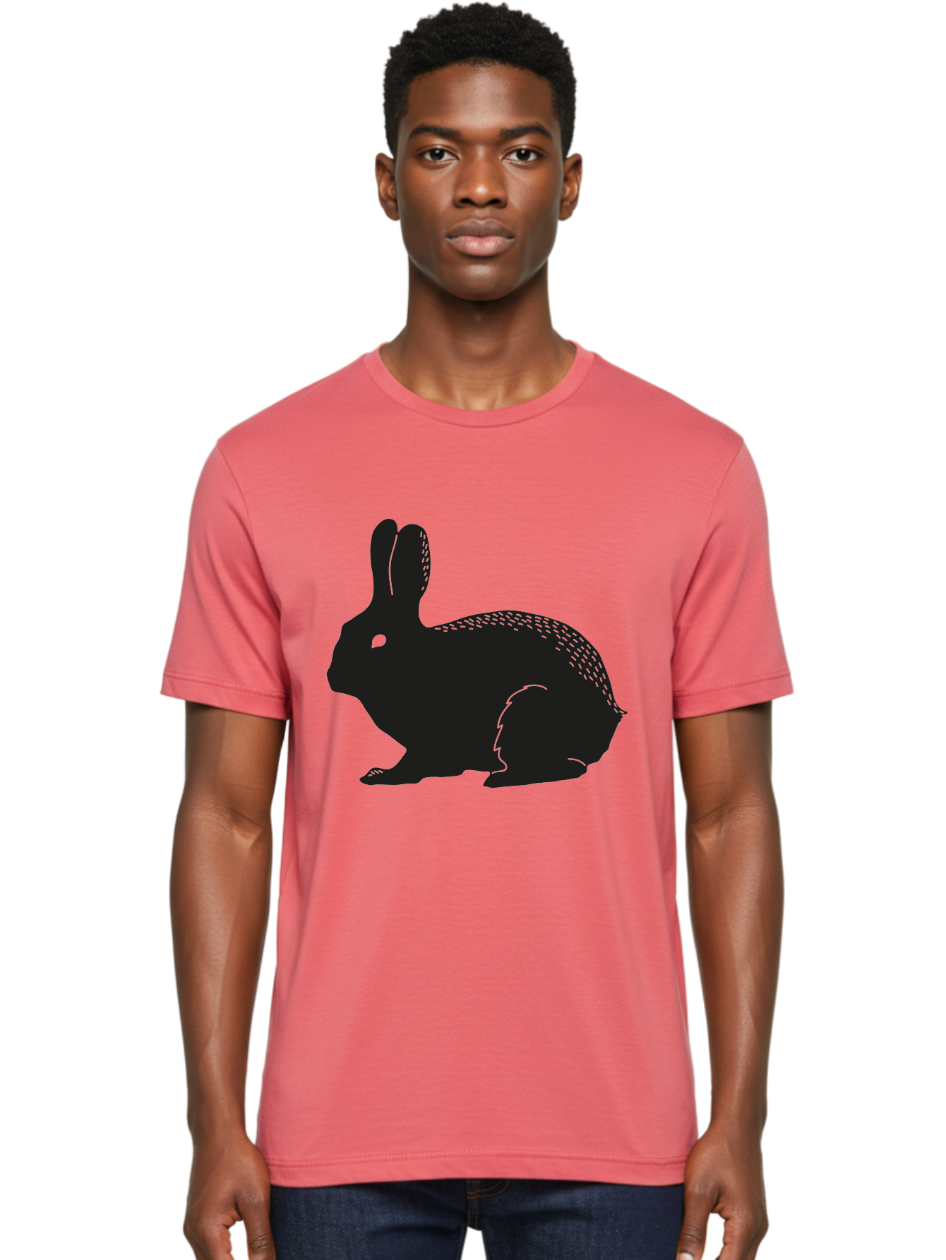 Rabbit-Silhouette Men'S Graphic Tee, 100% Cotton, Comfortable Casual Summer Wear, Machine Washable, Black Rabbit Silhouette, Rabbit Illustration, Cute Bunny, Animal Silhouette, Wildlife Art, Nature Design, Simple Graphics Aac230 18