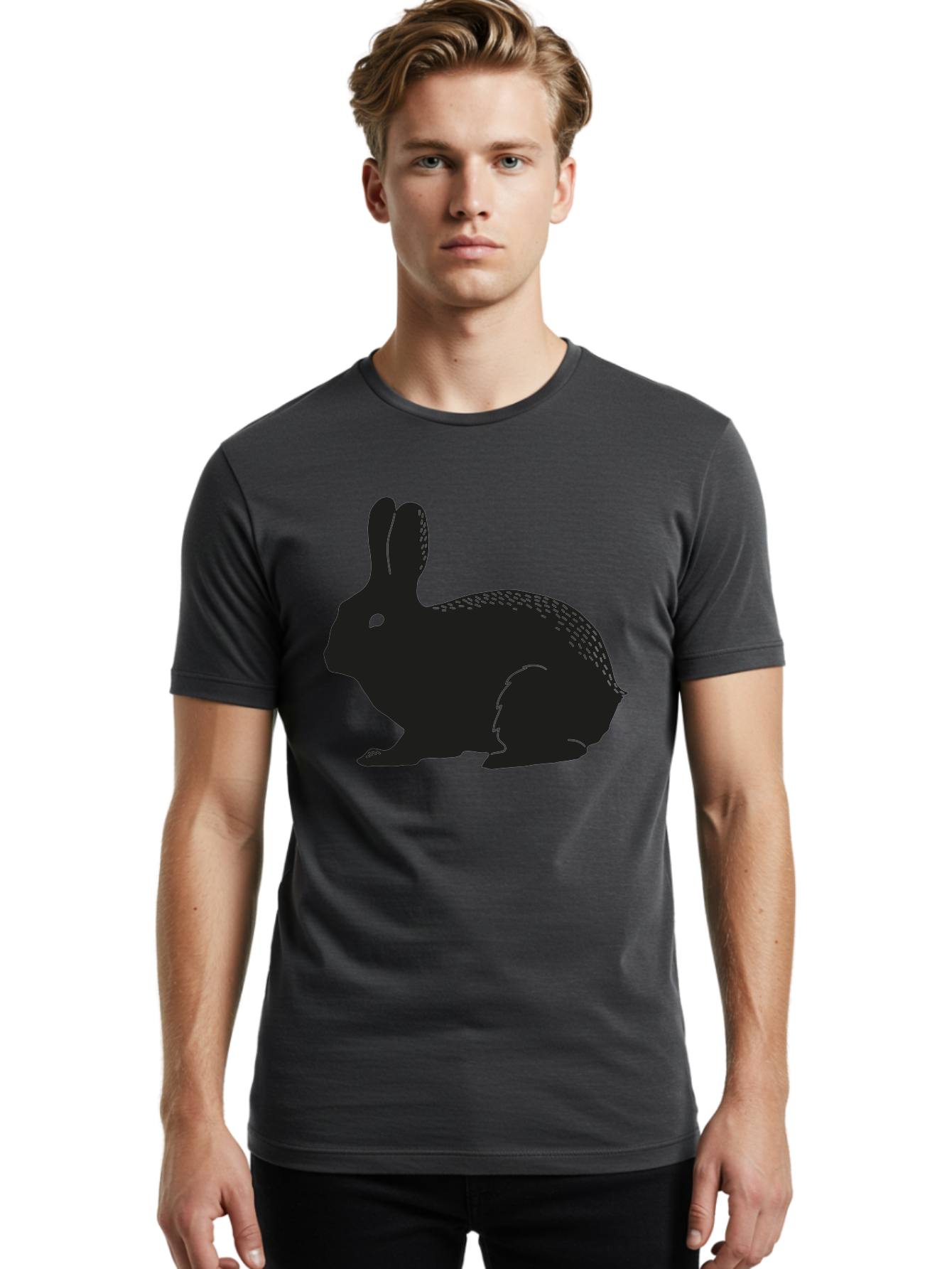 Rabbit-Silhouette Men'S Graphic Tee, 100% Cotton, Comfortable Casual Summer Wear, Machine Washable, Black Rabbit Silhouette, Rabbit Illustration, Cute Bunny, Animal Silhouette, Wildlife Art, Nature Design, Simple Graphics Aac230 26