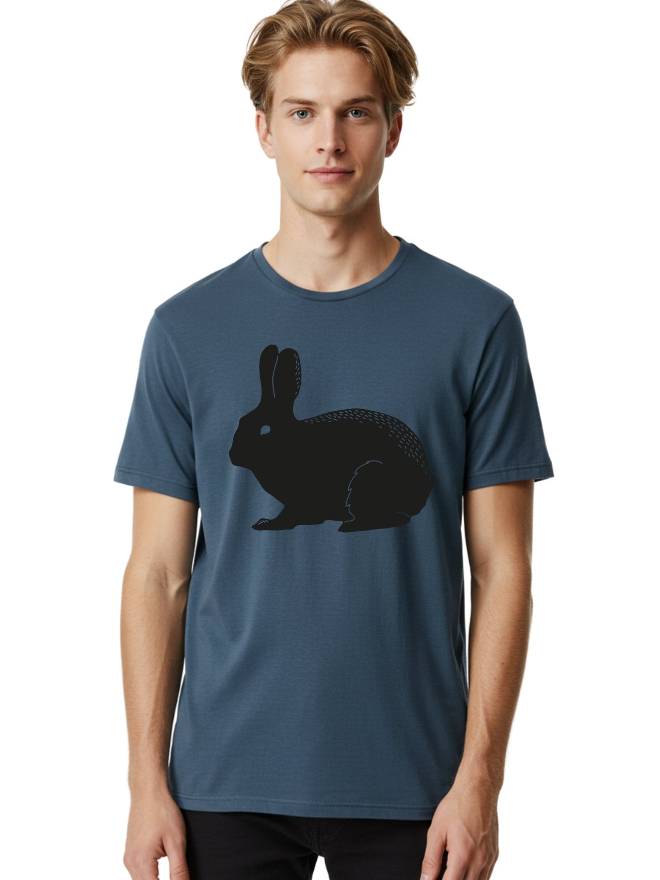 Rabbit-Silhouette Men'S Graphic Tee, 100% Cotton, Comfortable Casual Summer Wear, Machine Washable, Black Rabbit Silhouette, Rabbit Illustration, Cute Bunny, Animal Silhouette, Wildlife Art, Nature Design, Simple Graphics Aac230 20