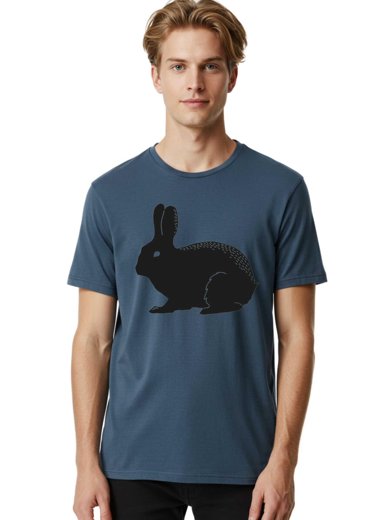 Rabbit-Silhouette Men'S Graphic Tee, 100% Cotton, Comfortable Casual Summer Wear, Machine Washable, Black Rabbit Silhouette, Rabbit Illustration, Cute Bunny, Animal Silhouette, Wildlife Art, Nature Design, Simple Graphics Aac230 30
