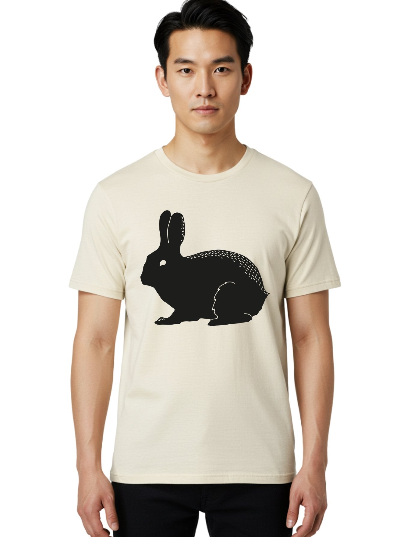 Rabbit-Silhouette Men'S Graphic Tee, 100% Cotton, Comfortable Casual Summer Wear, Machine Washable, Black Rabbit Silhouette, Rabbit Illustration, Cute Bunny, Animal Silhouette, Wildlife Art, Nature Design, Simple Graphics Aac230 30