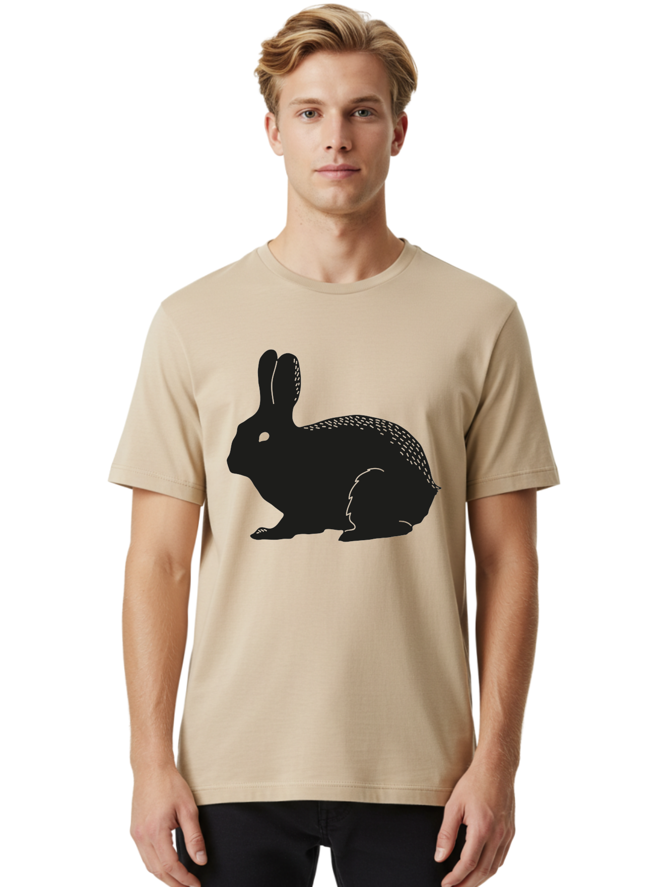 Rabbit-Silhouette Men'S Graphic Tee, 100% Cotton, Comfortable Casual Summer Wear, Machine Washable, Black Rabbit Silhouette, Rabbit Illustration, Cute Bunny, Animal Silhouette, Wildlife Art, Nature Design, Simple Graphics Aac230 14