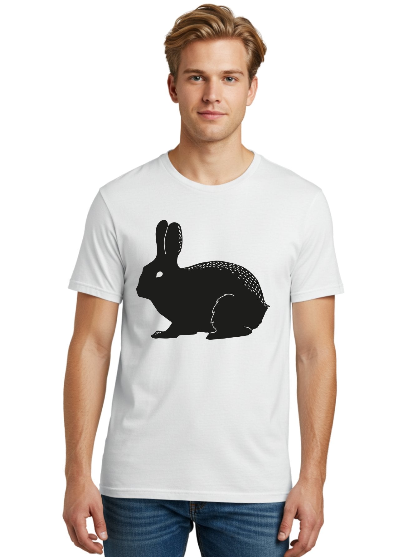 Rabbit-Silhouette Men'S Graphic Tee, 100% Cotton, Comfortable Casual Summer Wear, Machine Washable, Black Rabbit Silhouette, Rabbit Illustration, Cute Bunny, Animal Silhouette, Wildlife Art, Nature Design, Simple Graphics Aac230 19