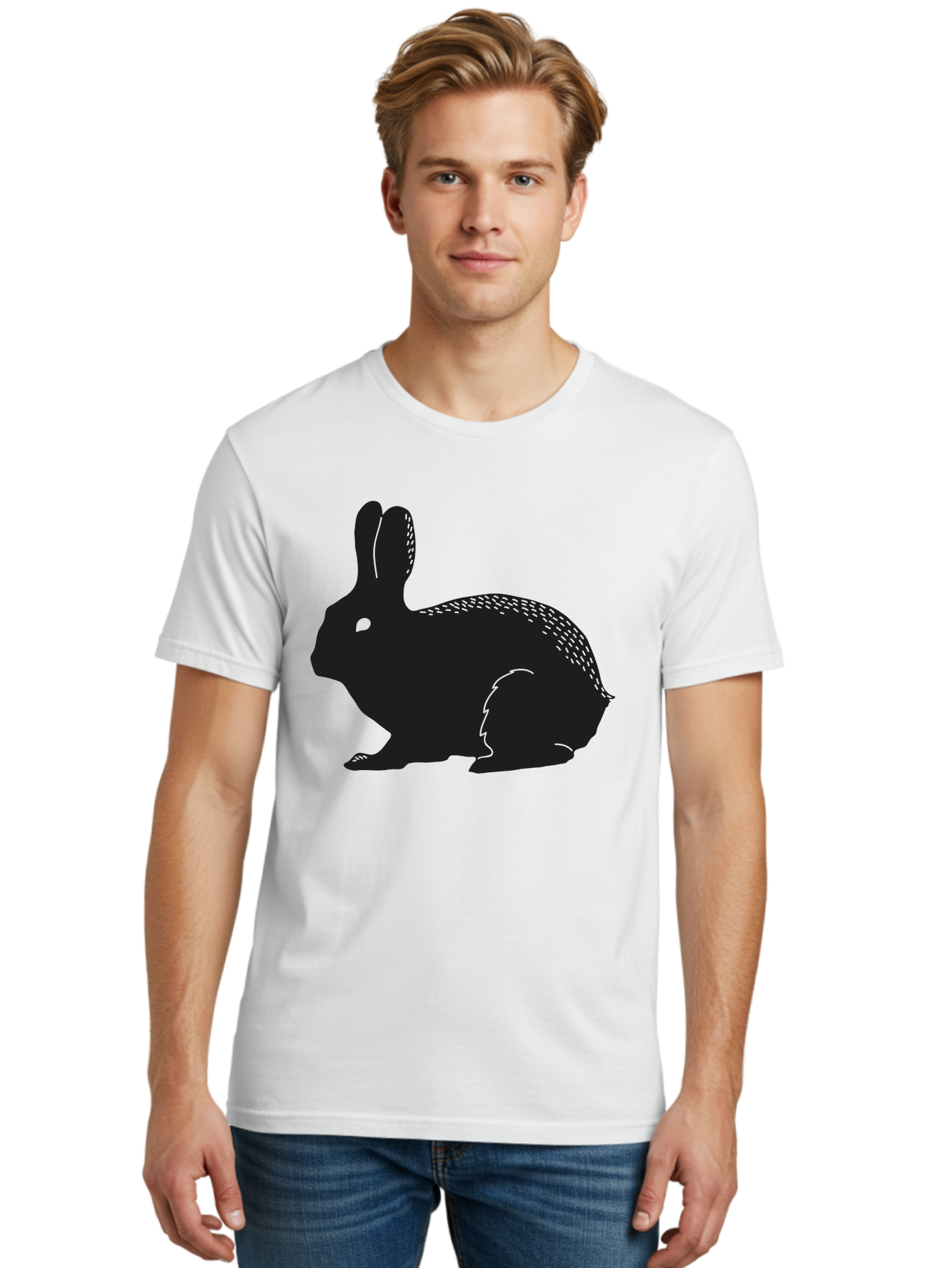 Rabbit-Silhouette Men'S Graphic Tee, 100% Cotton, Comfortable Casual Summer Wear, Machine Washable, Black Rabbit Silhouette, Rabbit Illustration, Cute Bunny, Animal Silhouette, Wildlife Art, Nature Design, Simple Graphics Aac230 22