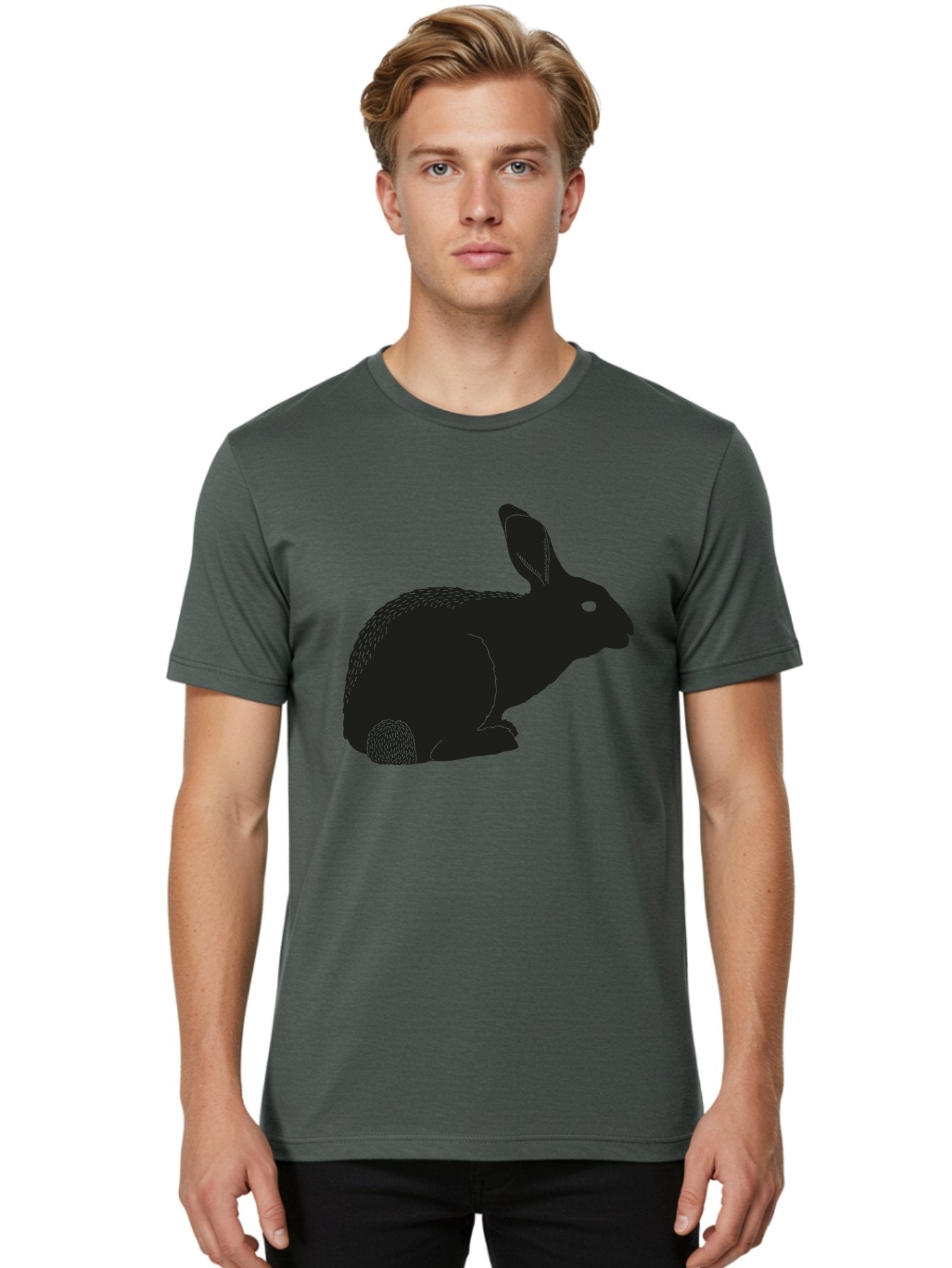 Rabbit Men'S Graphic Tee, 100% Cotton, Comfortable Casual Summer Wear, Machine Washable, Rabbit Silhouette, Simple Illustration, Black Rabbit, Cute Bunny, Side Profile, Cartoon Style, Minimal Design, Easter Symbol, Rabbit Graphics Aac231 23