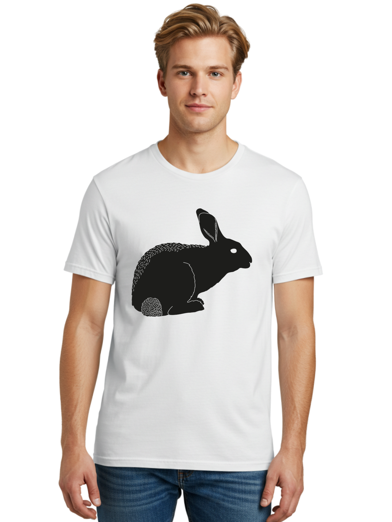Rabbit Men'S Graphic Tee, 100% Cotton, Comfortable Casual Summer Wear, Machine Washable, Rabbit Silhouette, Simple Illustration, Black Rabbit, Cute Bunny, Side Profile, Cartoon Style, Minimal Design, Easter Symbol, Rabbit Graphics Aac231 26