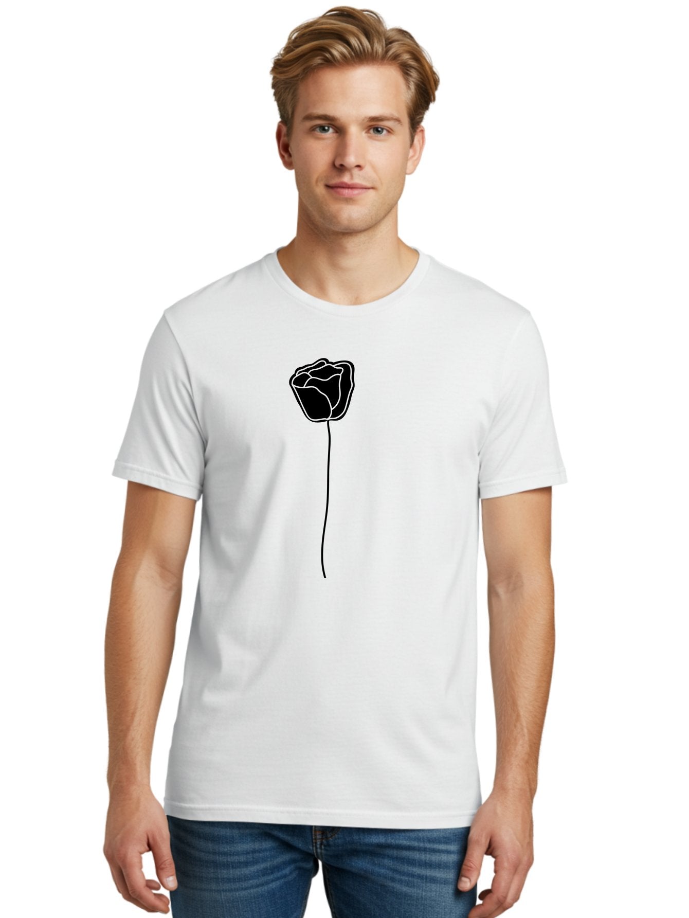 Rose-Illustration Men'S Graphic Tee, 100% Cotton, Comfortable Casual Summer Wear, Machine Washable, Black Rose Silhouette, Simple Line Art, Minimalist Design, Elegant Flower, Symbolic Rose, Modern Illustration, Bold Graphics Aac232 29