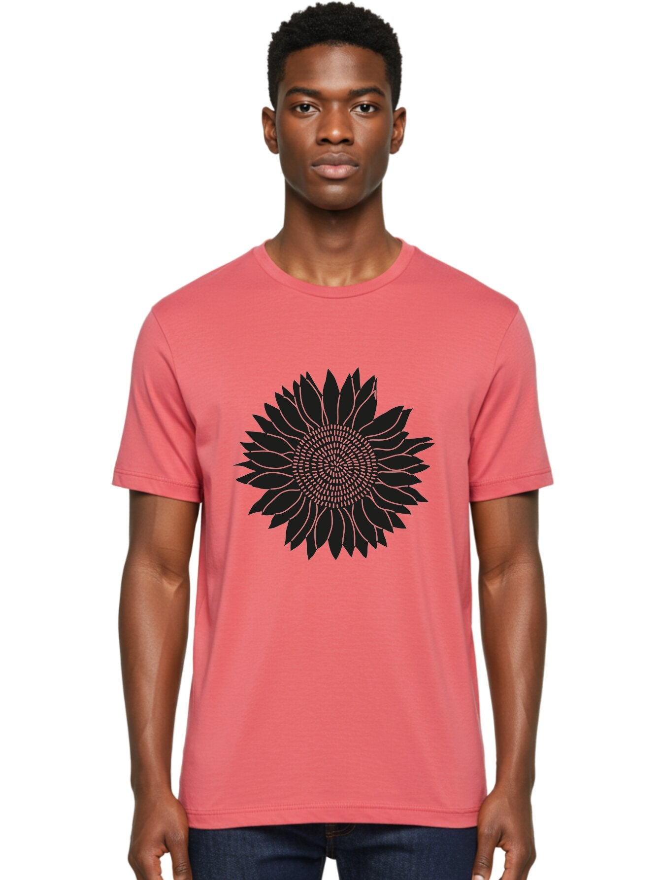 Sunflower-Silhouette Men'S Graphic Tee, 100% Cotton, Comfortable Casual Summer Wear, Machine Washable, Sunflower Graphic, Floral Design, Black And Green, Flower Silhouette, Neon Outline, Nature Inspired Art, Botanical Illustration Aac241 20