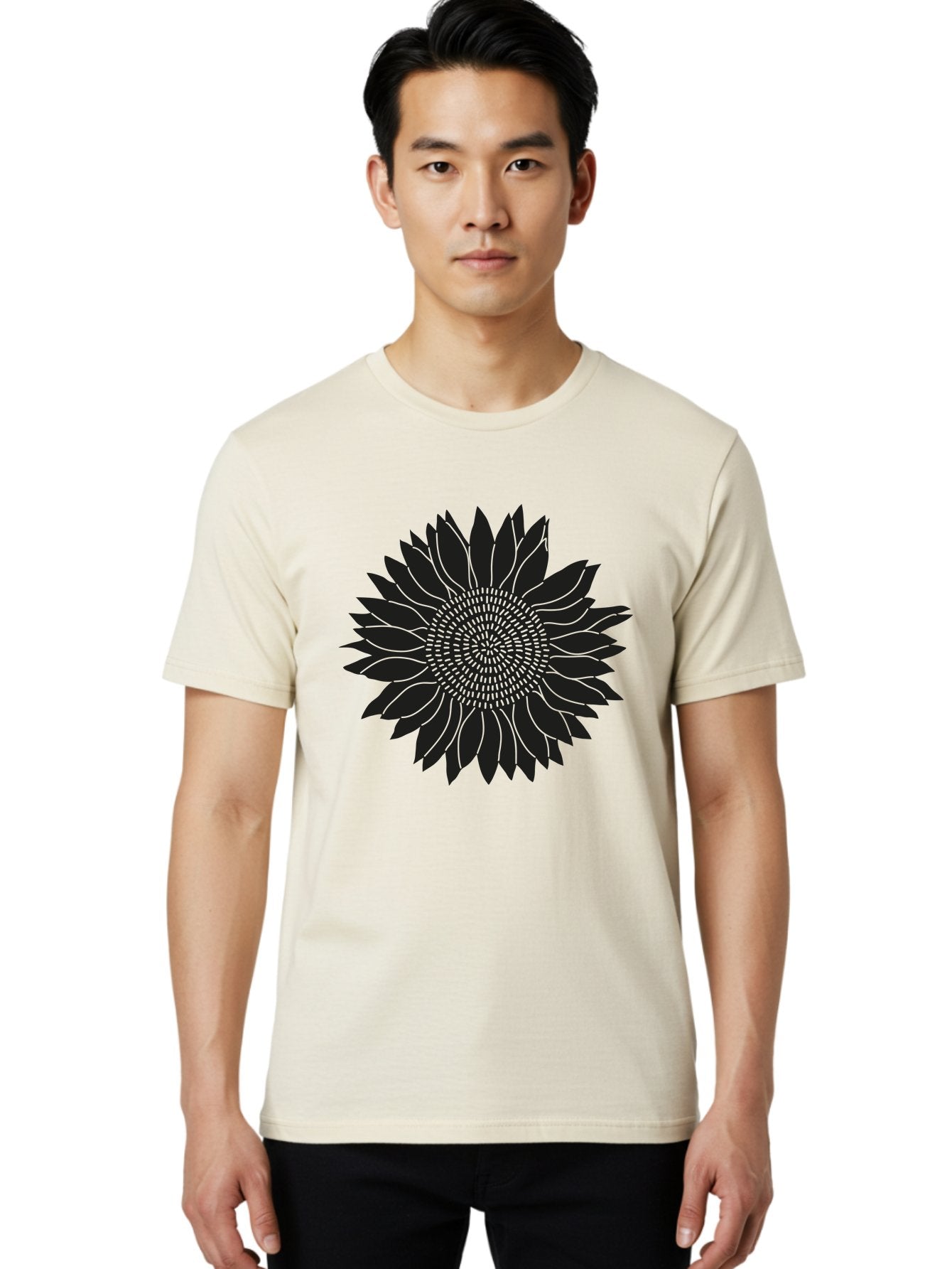 Sunflower-Silhouette Men'S Graphic Tee, 100% Cotton, Comfortable Casual Summer Wear, Machine Washable, Sunflower Graphic, Floral Design, Black And Green, Flower Silhouette, Neon Outline, Nature Inspired Art, Botanical Illustration Aac241 25