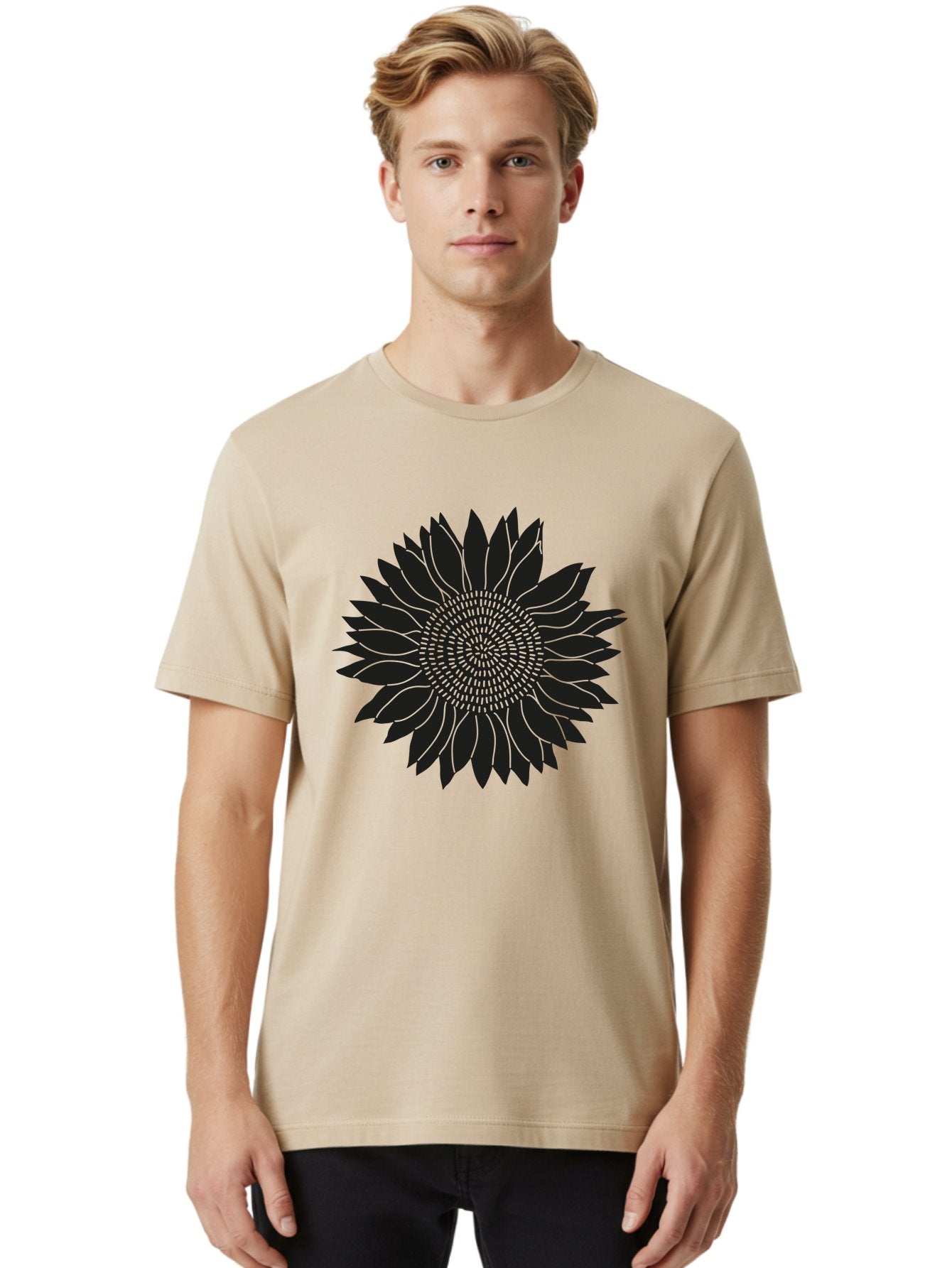 Sunflower-Silhouette Men'S Graphic Tee, 100% Cotton, Comfortable Casual Summer Wear, Machine Washable, Sunflower Graphic, Floral Design, Black And Green, Flower Silhouette, Neon Outline, Nature Inspired Art, Botanical Illustration Aac241 22
