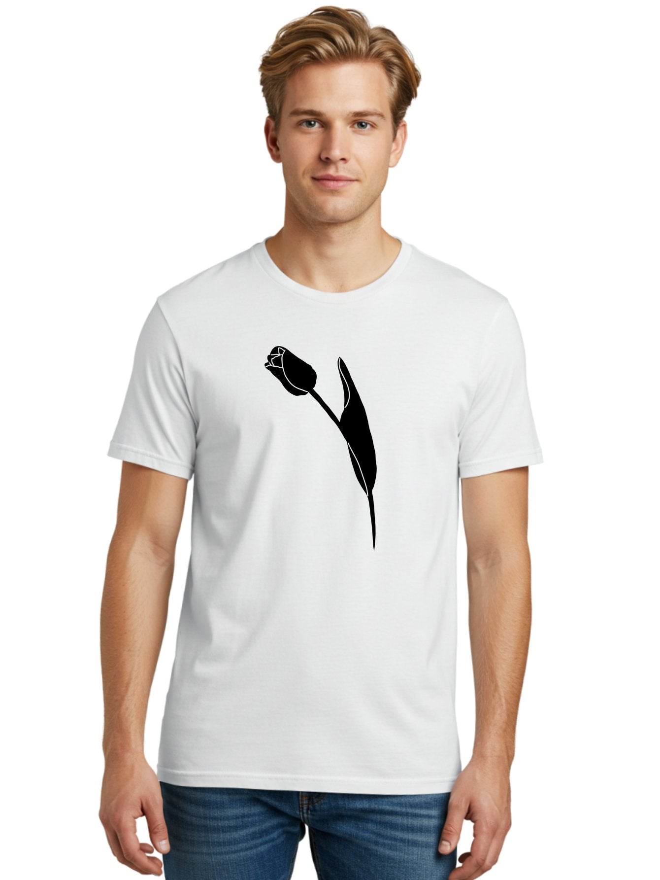 Tulip-Silhouette-1 Men'S Graphic Tee, 100% Cotton, Comfortable Casual Summer Wear, Machine Washable, Tulip Silhouette, Flower Graphic, Minimalist Design, Simple Shapes, Elegant Illustration, Floral Motif, Budding Flower Aac244 25