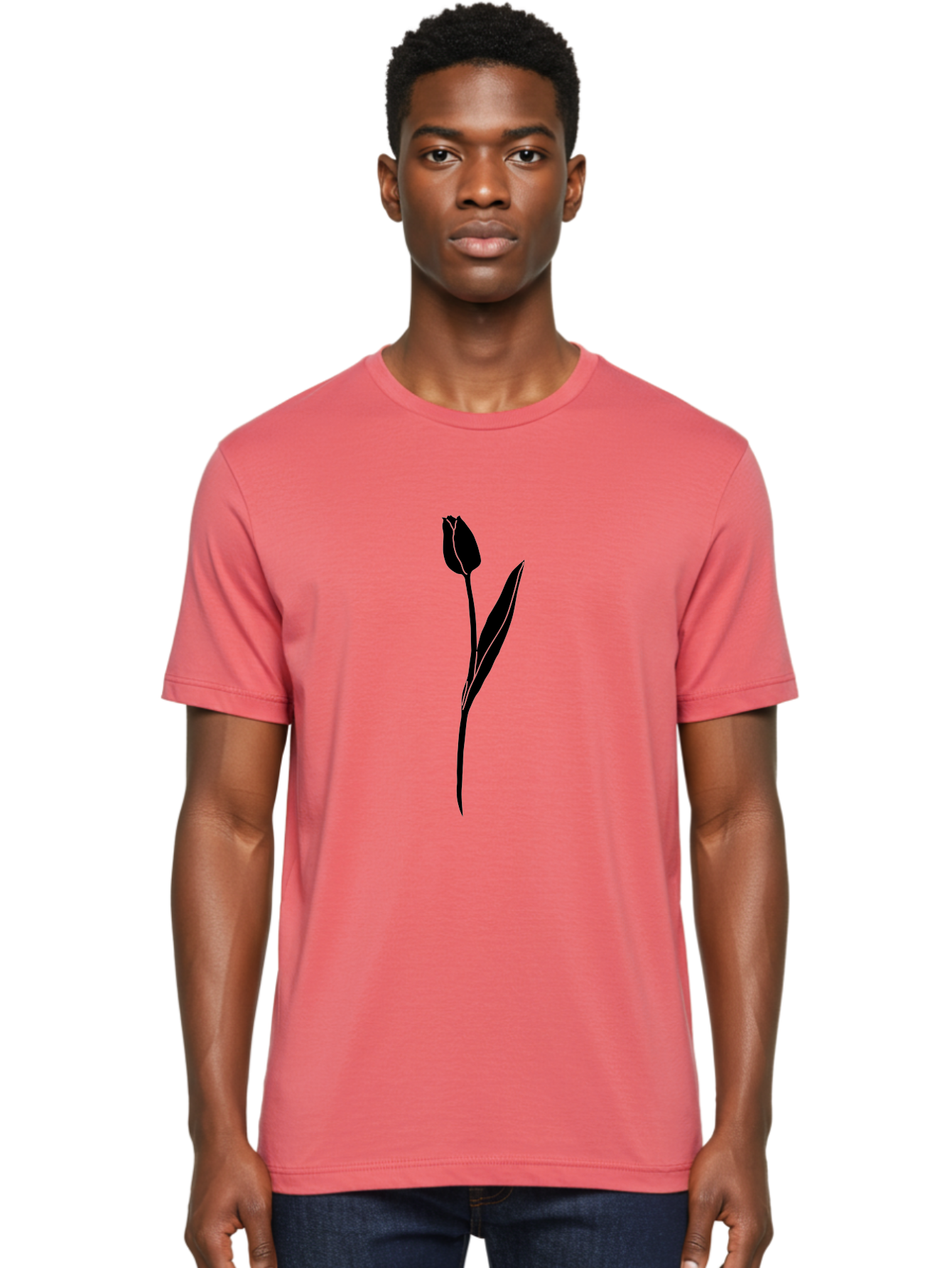 Tulip-Silhouette Men'S Graphic Tee, 100% Cotton, Comfortable Casual Summer Wear, Machine Washable, Tulip Silhouette, Dark Tulip, Minimalist Design, Simple Flower, Closed Bloom, Elegant Stem, Floral Graphic, Modern Art Aac245 10