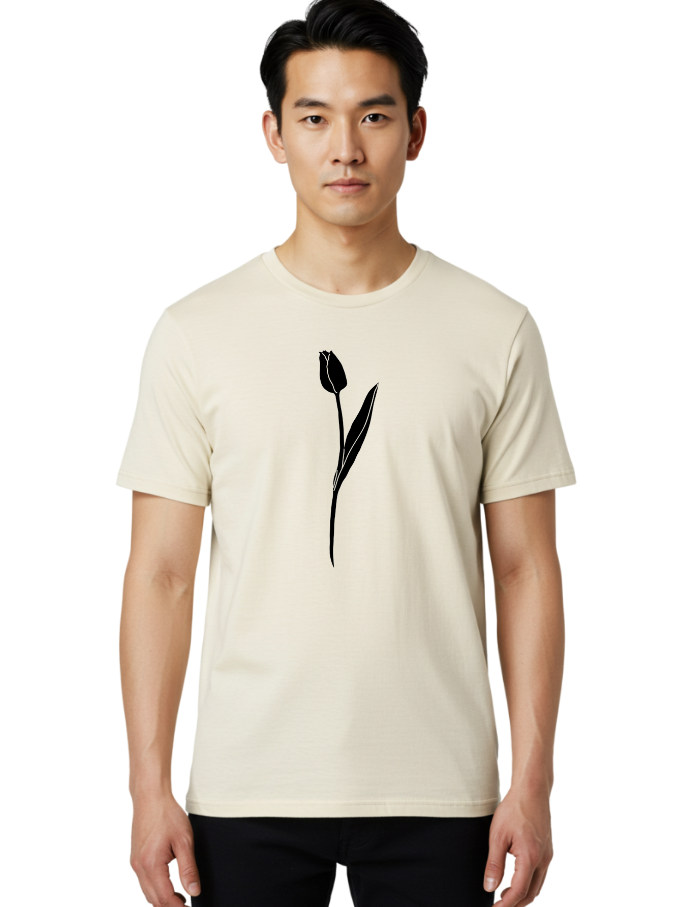 Tulip-Silhouette Men'S Graphic Tee, 100% Cotton, Comfortable Casual Summer Wear, Machine Washable, Tulip Silhouette, Dark Tulip, Minimalist Design, Simple Flower, Closed Bloom, Elegant Stem, Floral Graphic, Modern Art Aac245 28