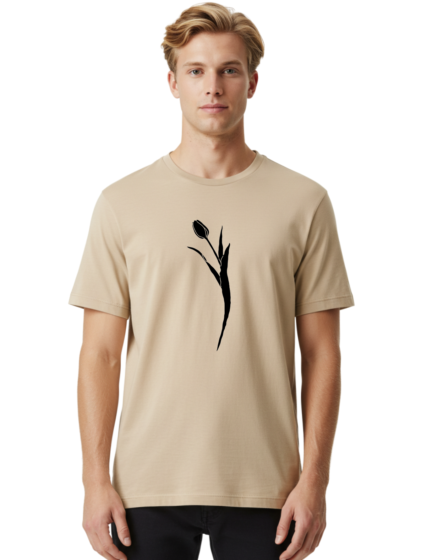 Tulip Men'S Graphic Tee, 100% Cotton, Comfortable Casual Summer Wear, Machine Washable, Tulip Silhouette, Black Flower, Minimalist Design, Simple Graphics, Floral Motif, Elegant Shape, Closed Bloom, Botanical Illustration Aac246 4