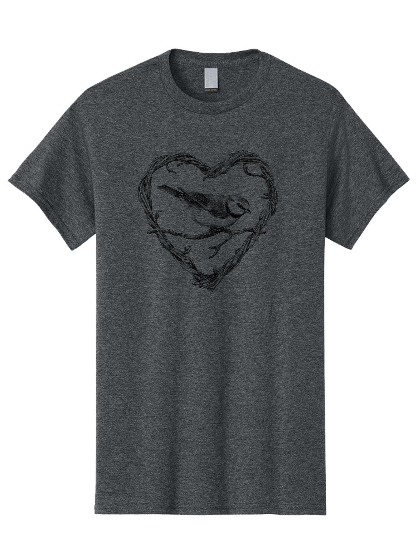 Bird-In-Heart Men'S Graphic Tee, 100% Cotton, Comfortable Casual Summer Wear, Machine Washable, Bird On Branch, Heart-Shaped Frame, Twigs And Leaves, Black And White Illustration, Bird Watching, Wildlife Art, Symbolic Heart, Love For Nature Aac252